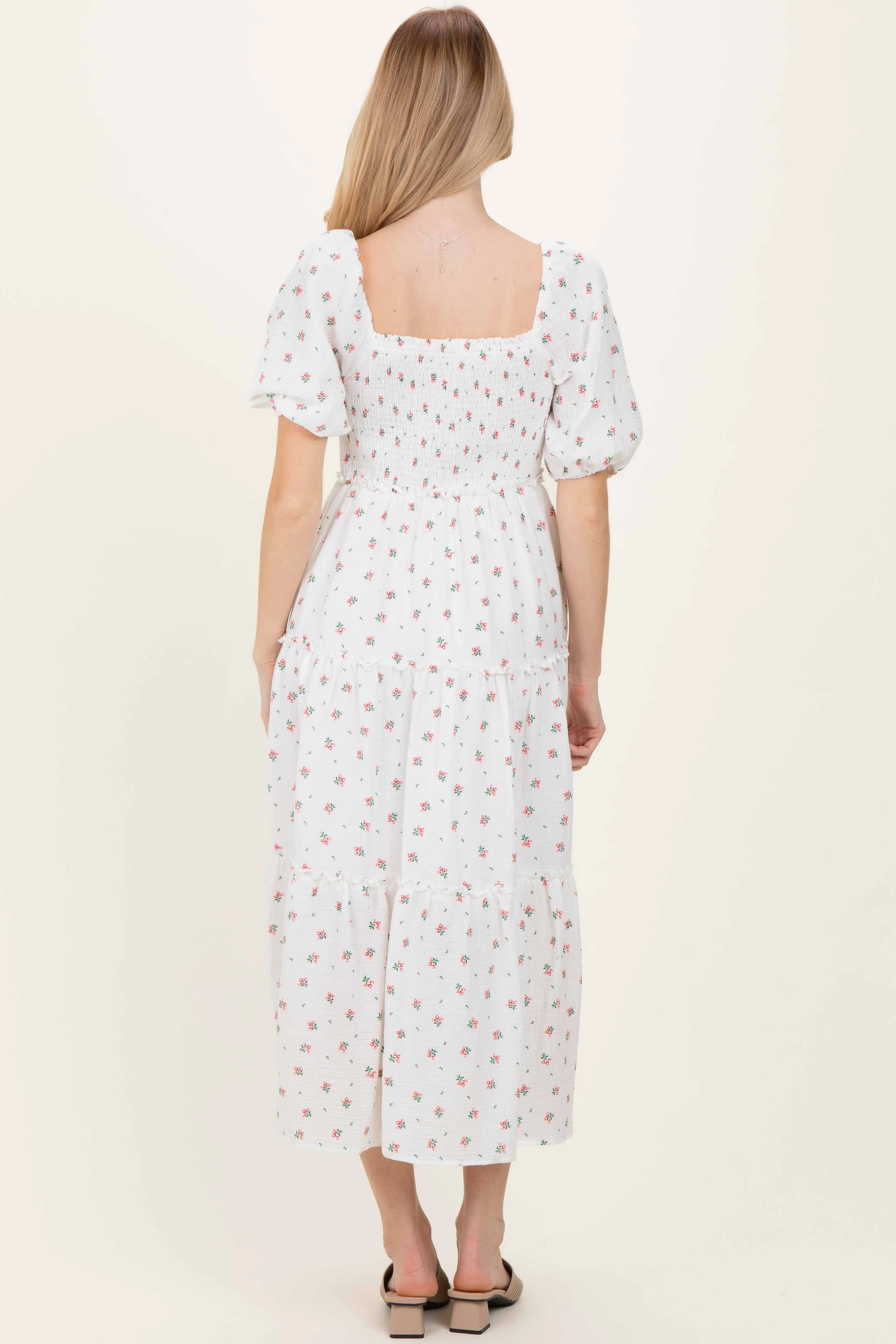 White Floral Puff Sleeve Tiered Maxi Dress sold by Pinkblush product image thumbnail 4
