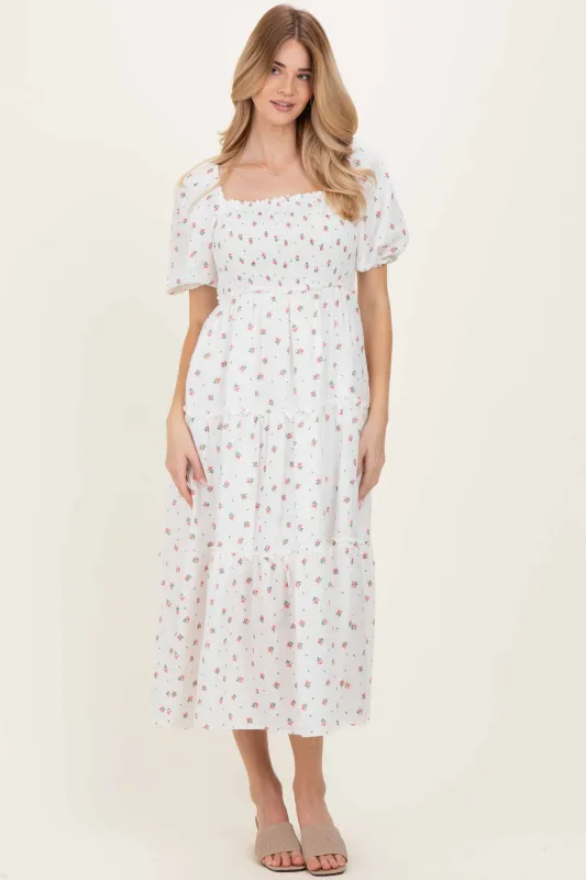 White Floral Puff Sleeve Tiered Maxi Dress sold by Pinkblush