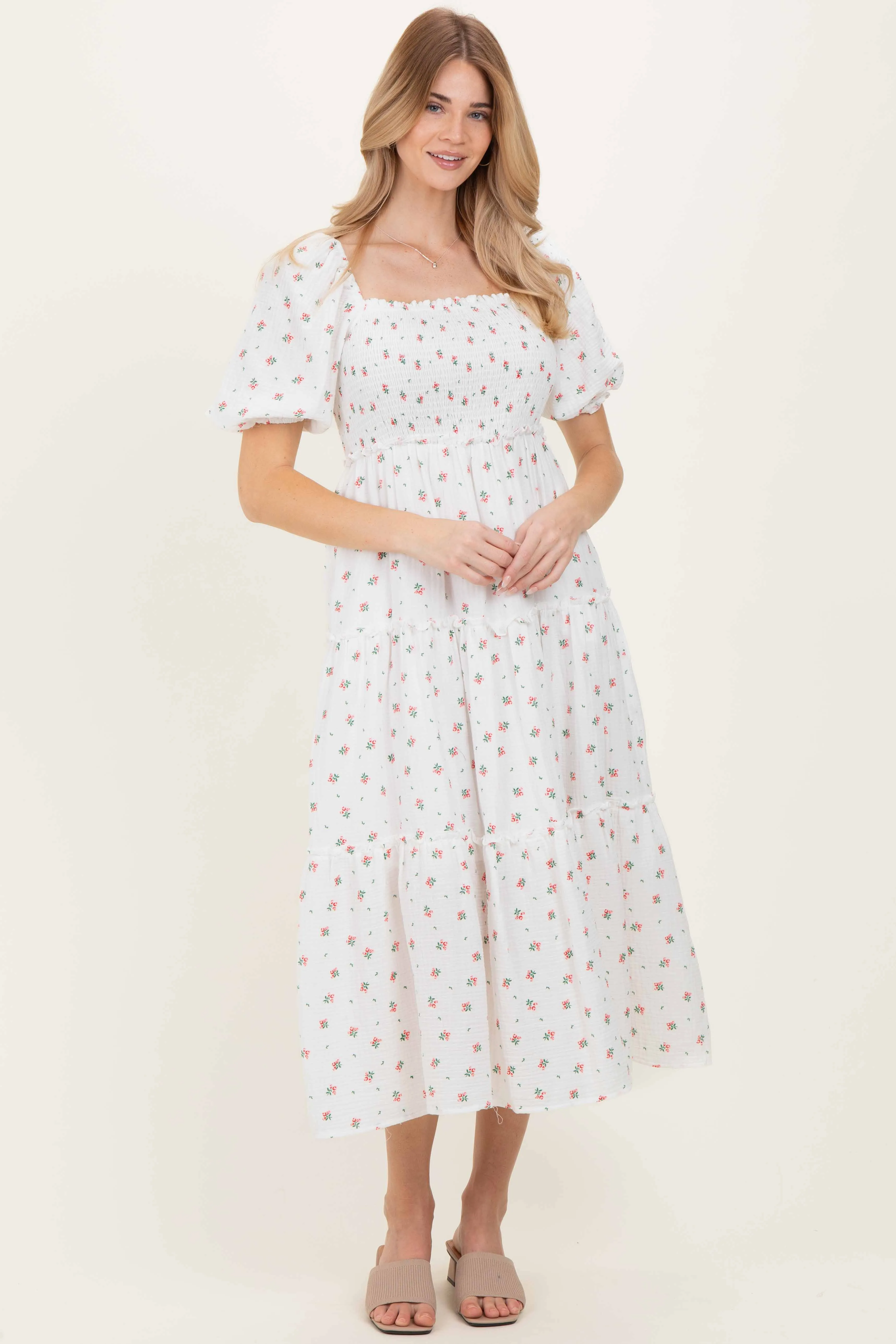 White Floral Puff Sleeve Tiered Maxi Dress sold by Pinkblush product image thumbnail 2