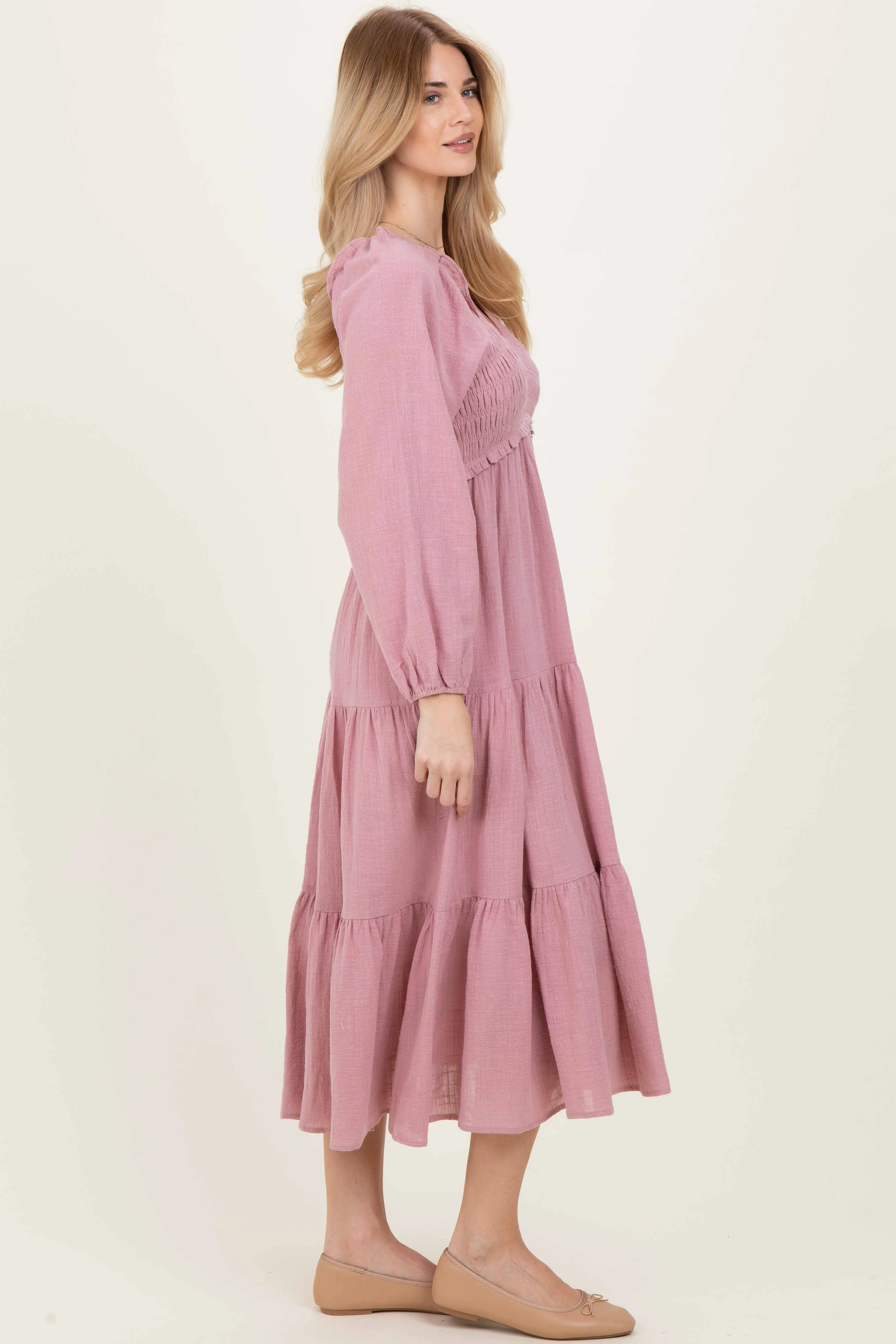 Dusty Rose Smocked Long Sleeve Midi Dress sold by Pinkblush product image thumbnail 3