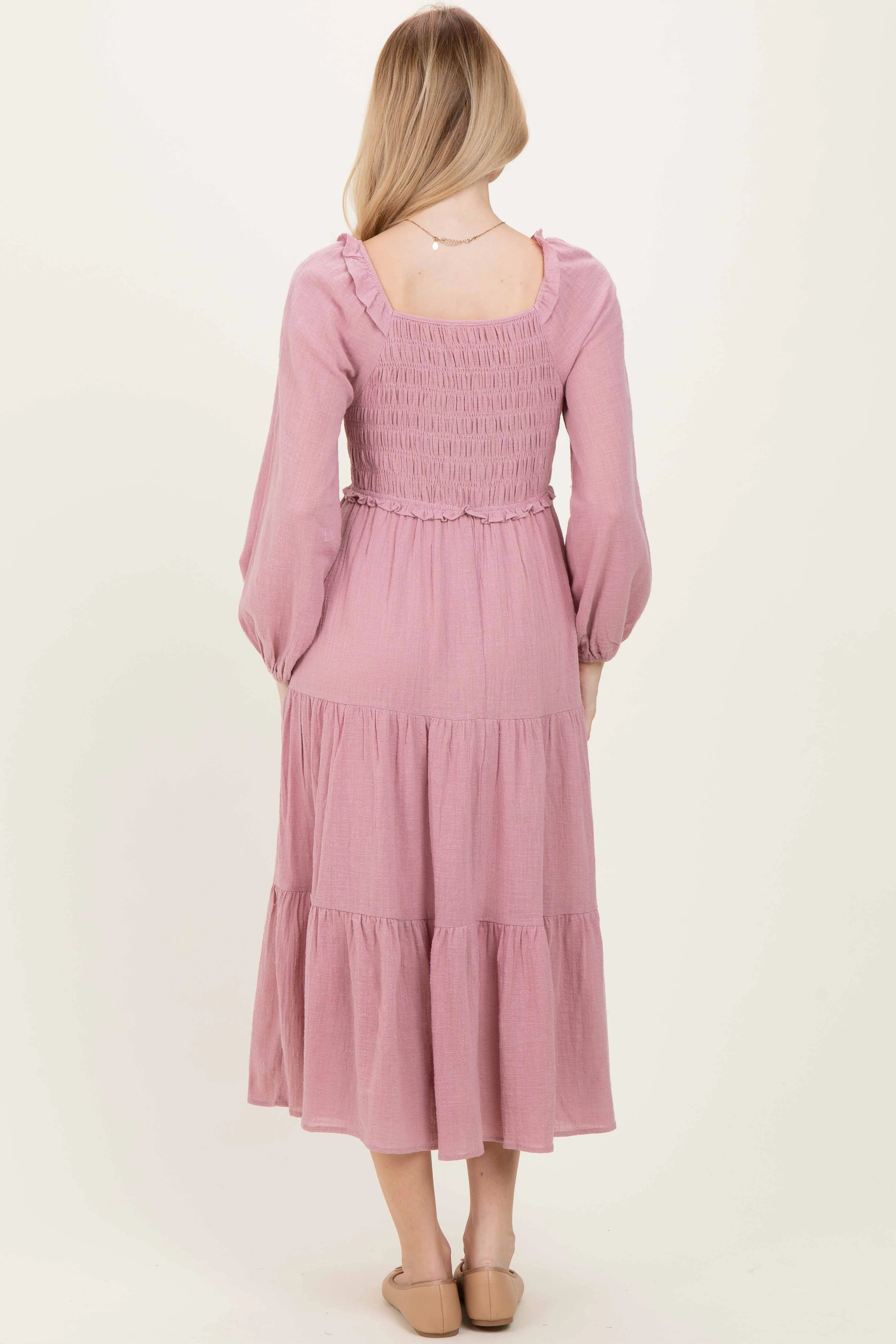 Dusty Rose Smocked Long Sleeve Midi Dress sold by Pinkblush product image thumbnail 4