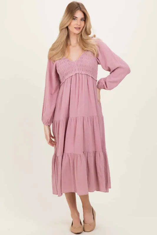 Dusty Rose Smocked Long Sleeve Midi Dress sold by Pinkblush