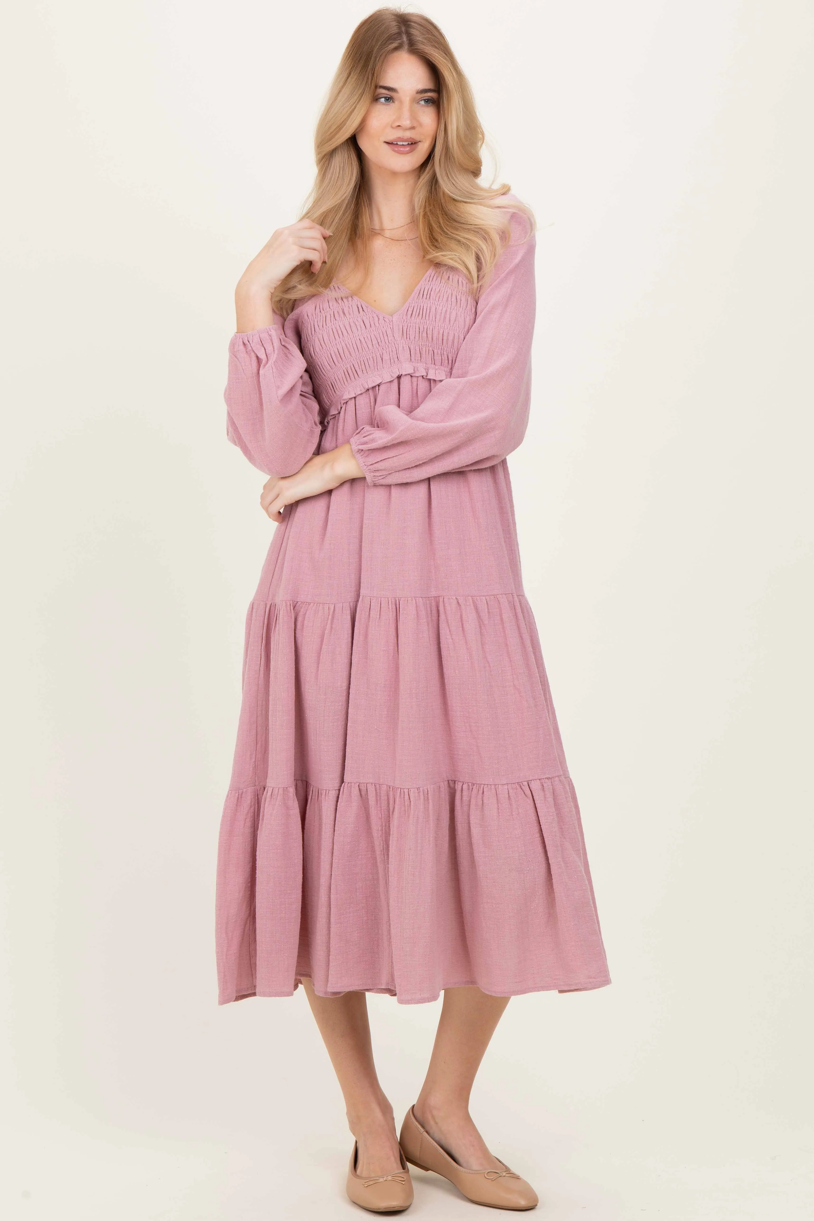 Dusty Rose Smocked Long Sleeve Midi Dress sold by Pinkblush product image thumbnail 2