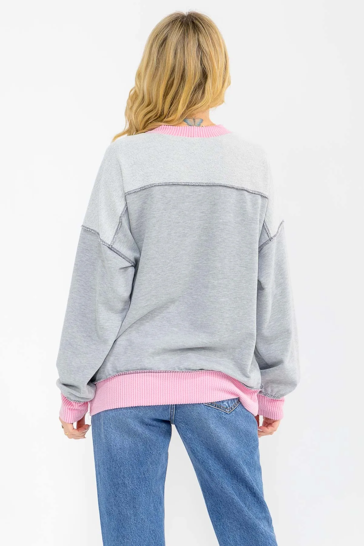 Heather Grey Contrast Band Exposed Seam Pullover sold by Pinkblush product image thumbnail 4