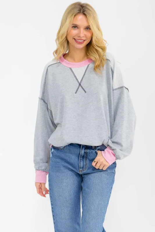 Heather Grey Contrast Band Exposed Seam Pullover sold by Pinkblush
