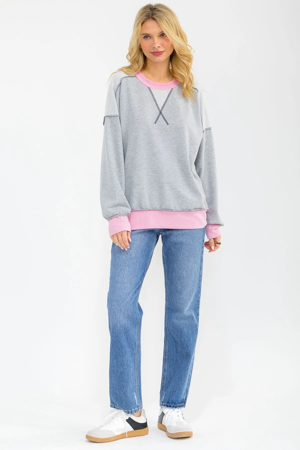Heather Grey Contrast Band Exposed Seam Pullover sold by Pinkblush product image thumbnail 5