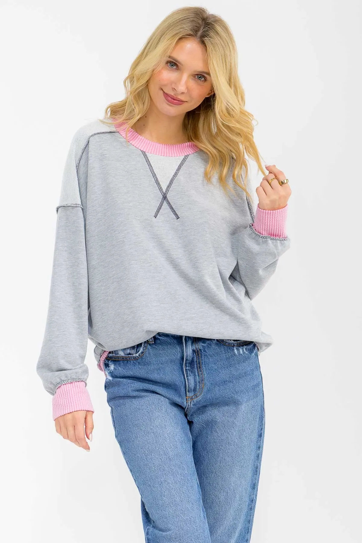 Heather Grey Contrast Band Exposed Seam Pullover sold by Pinkblush product image thumbnail 2