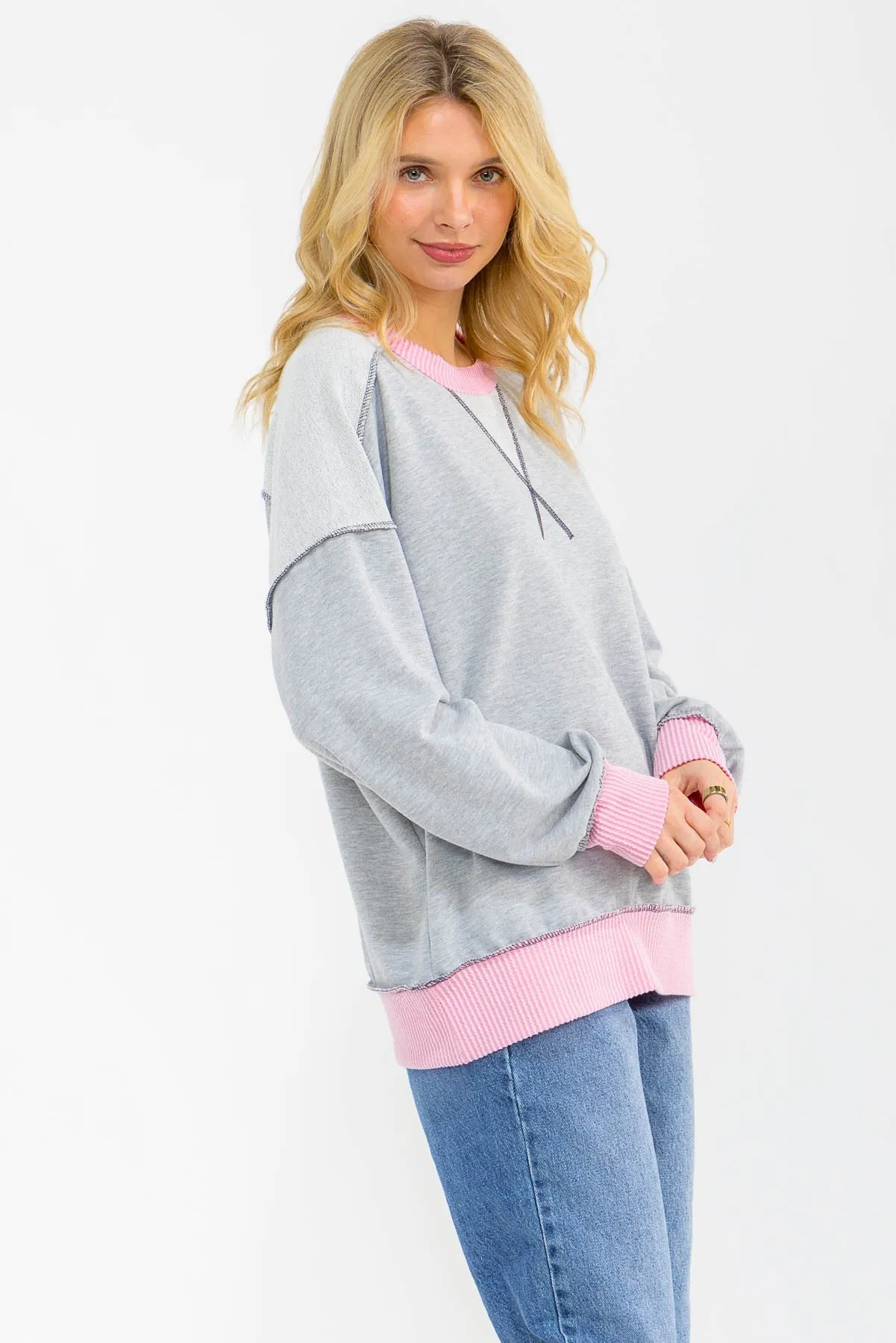 Heather Grey Contrast Band Exposed Seam Pullover sold by Pinkblush product image thumbnail 3