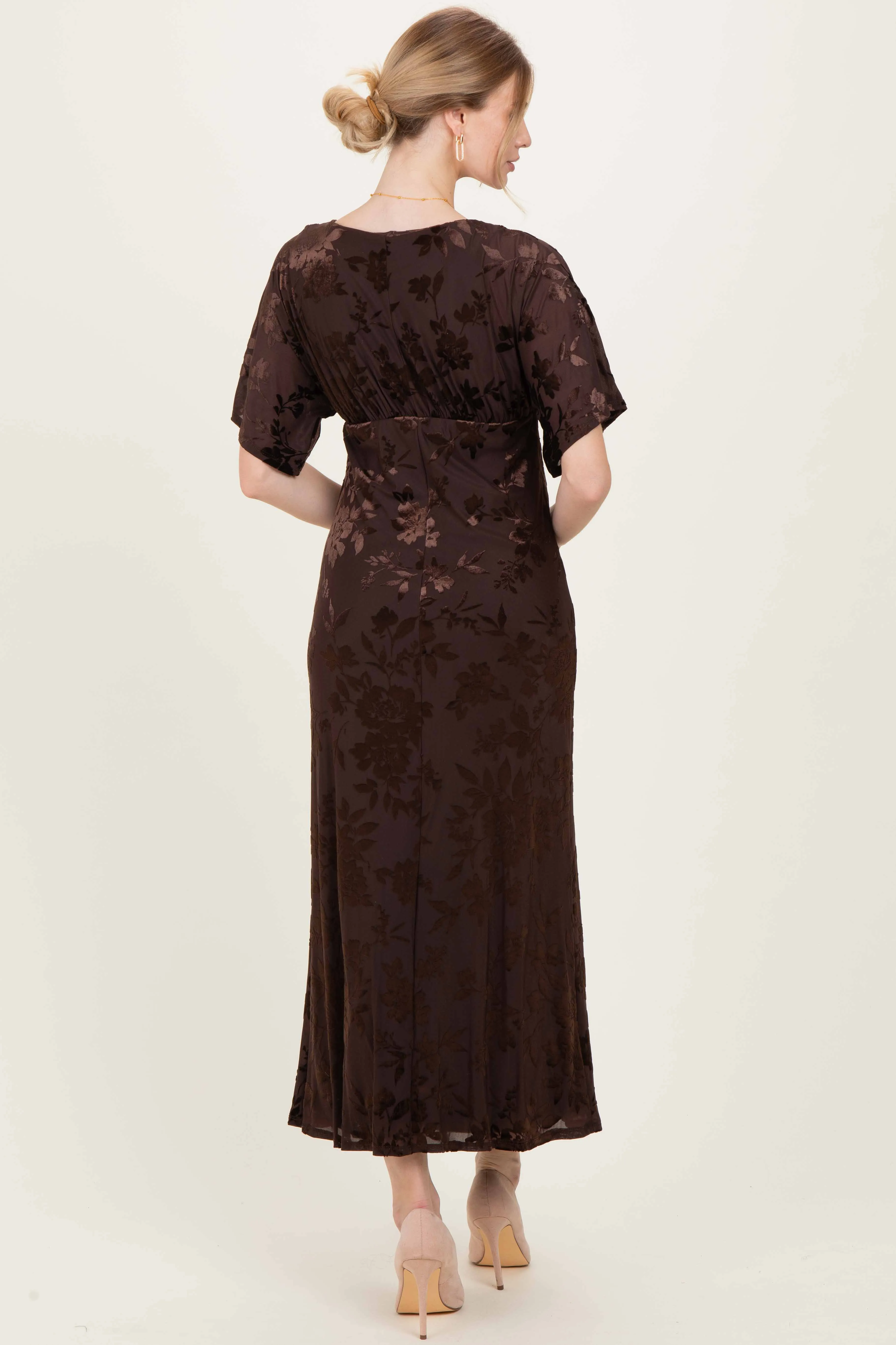 Brown Floral Velvet V-Neck Short Sleeve Maxi Dress sold by Pinkblush product image thumbnail 4