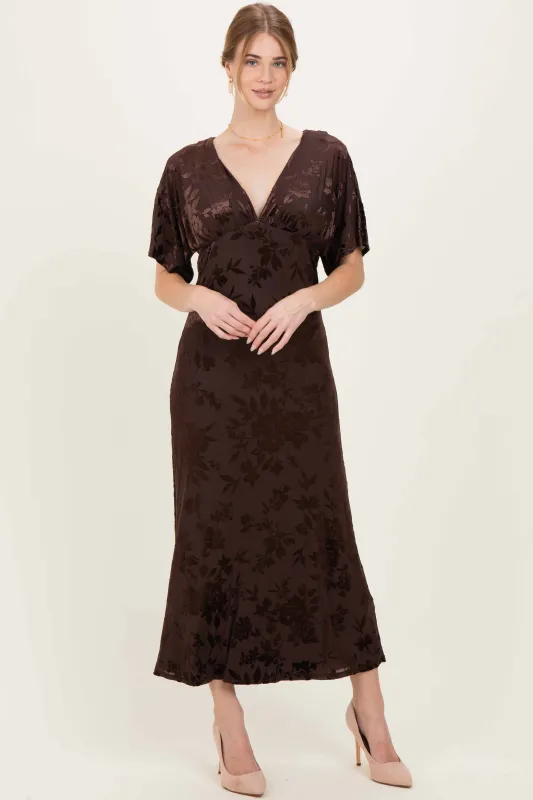 Brown Floral Velvet V-Neck Short Sleeve Maxi Dress sold by Pinkblush