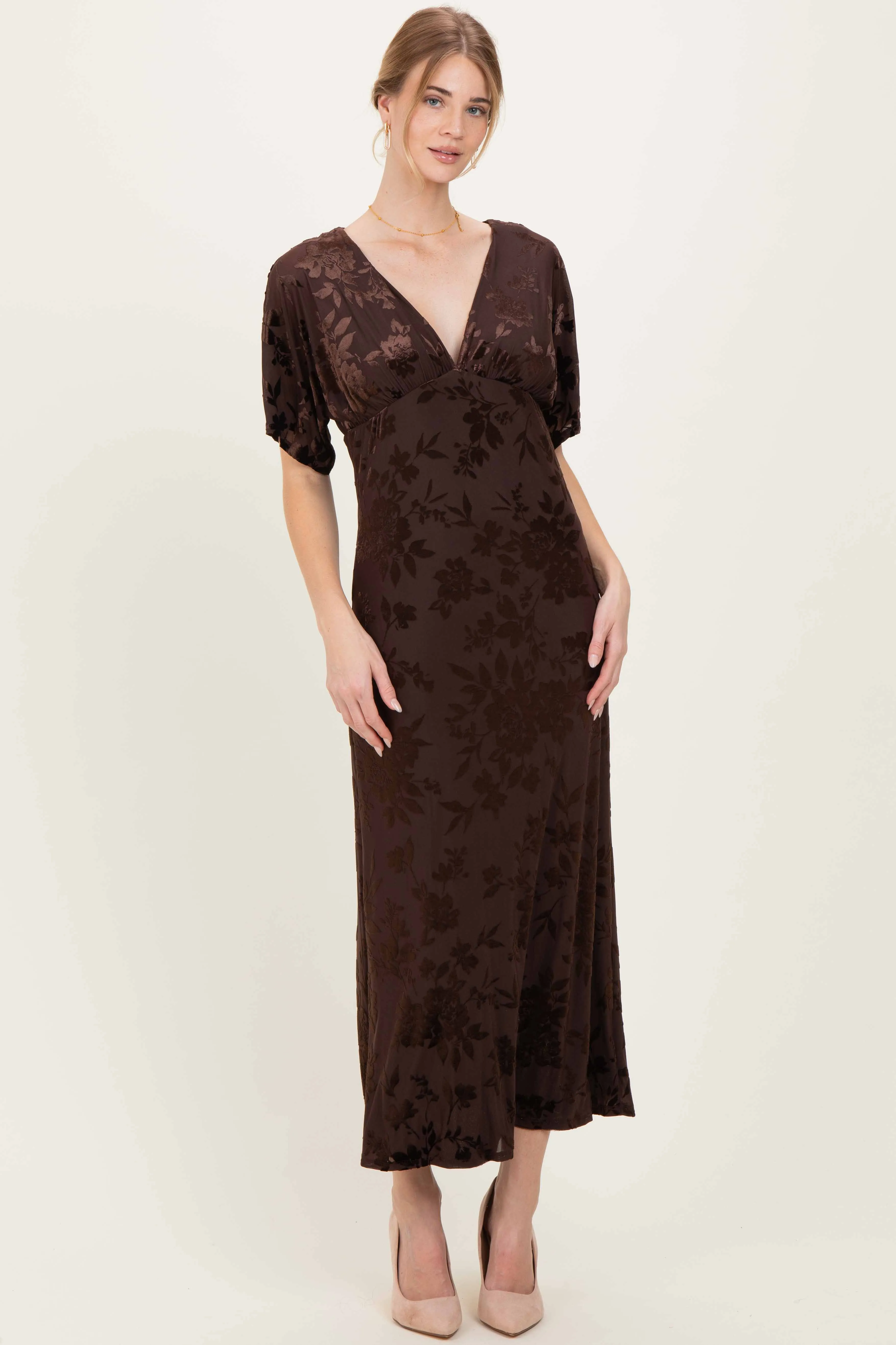 Brown Floral Velvet V-Neck Short Sleeve Maxi Dress sold by Pinkblush product image thumbnail 2