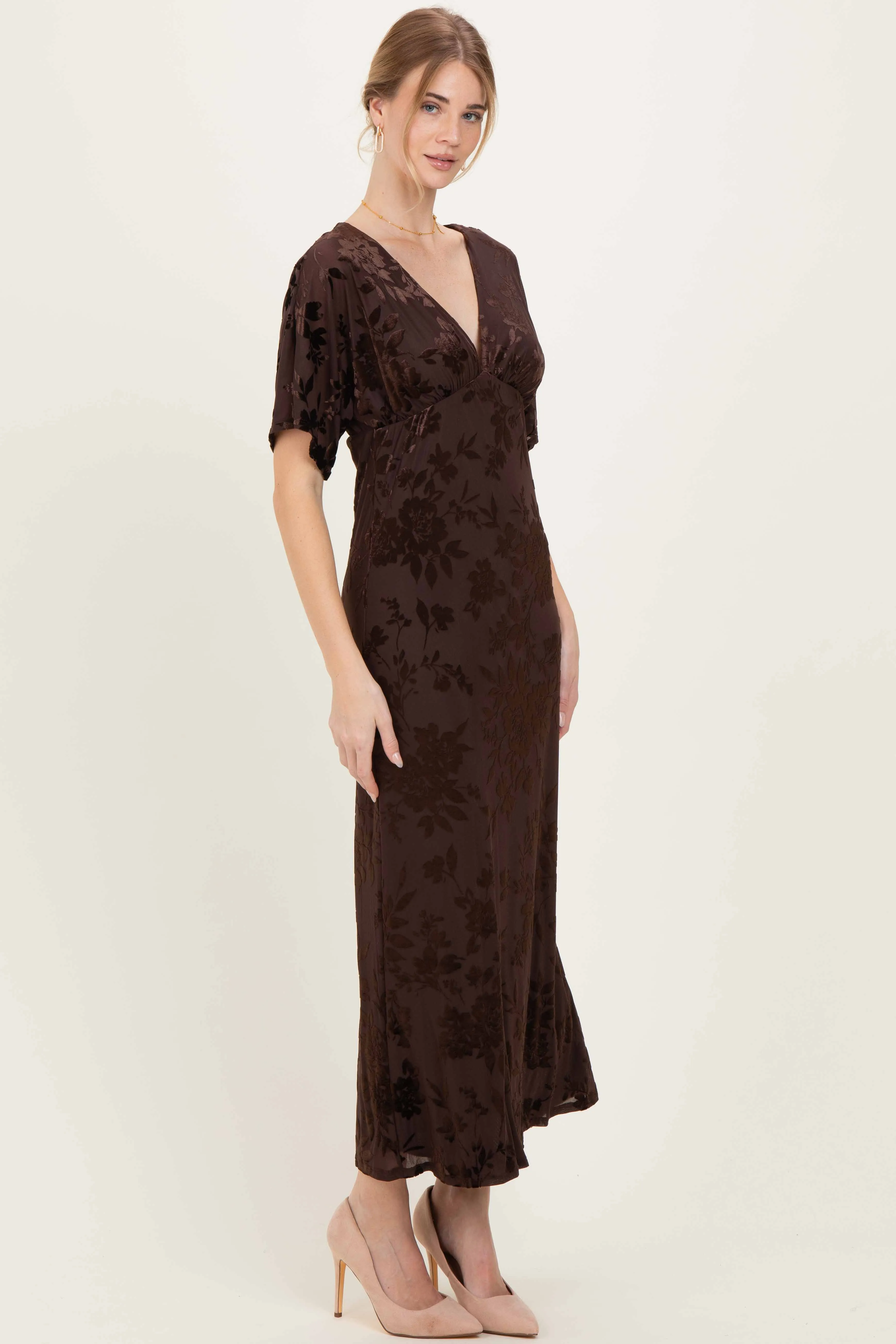 Brown Floral Velvet V-Neck Short Sleeve Maxi Dress sold by Pinkblush product image thumbnail 3