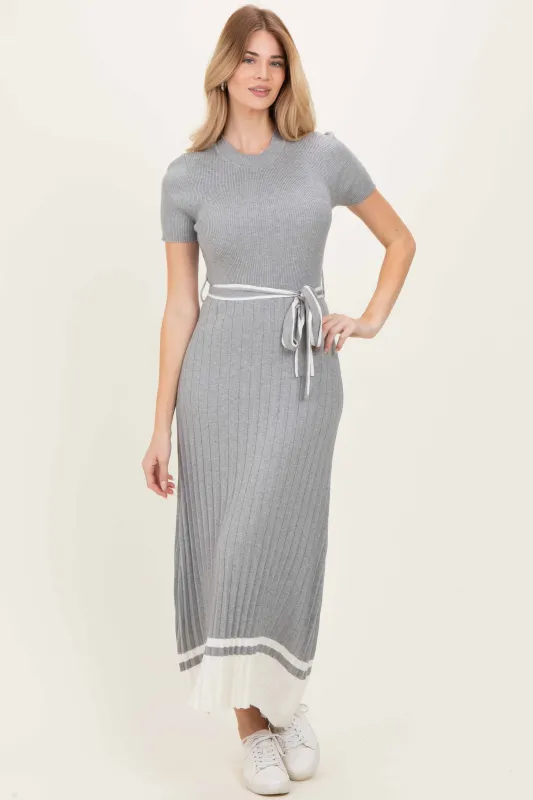 Heather Grey Knit Pleated Sash Tie Midi Dress sold by Pinkblush