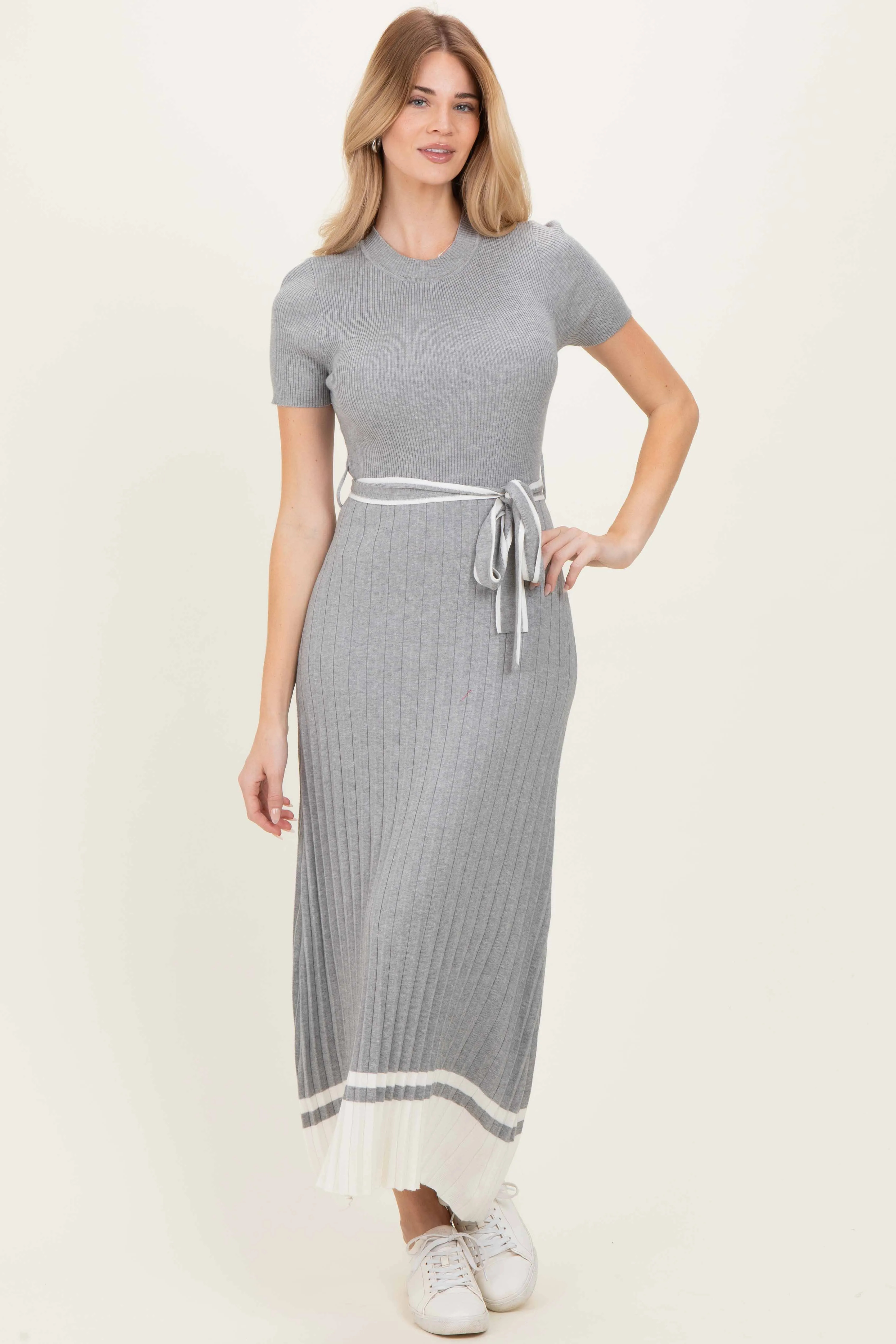 Heather Grey Knit Pleated Sash Tie Midi Dress sold by Pinkblush