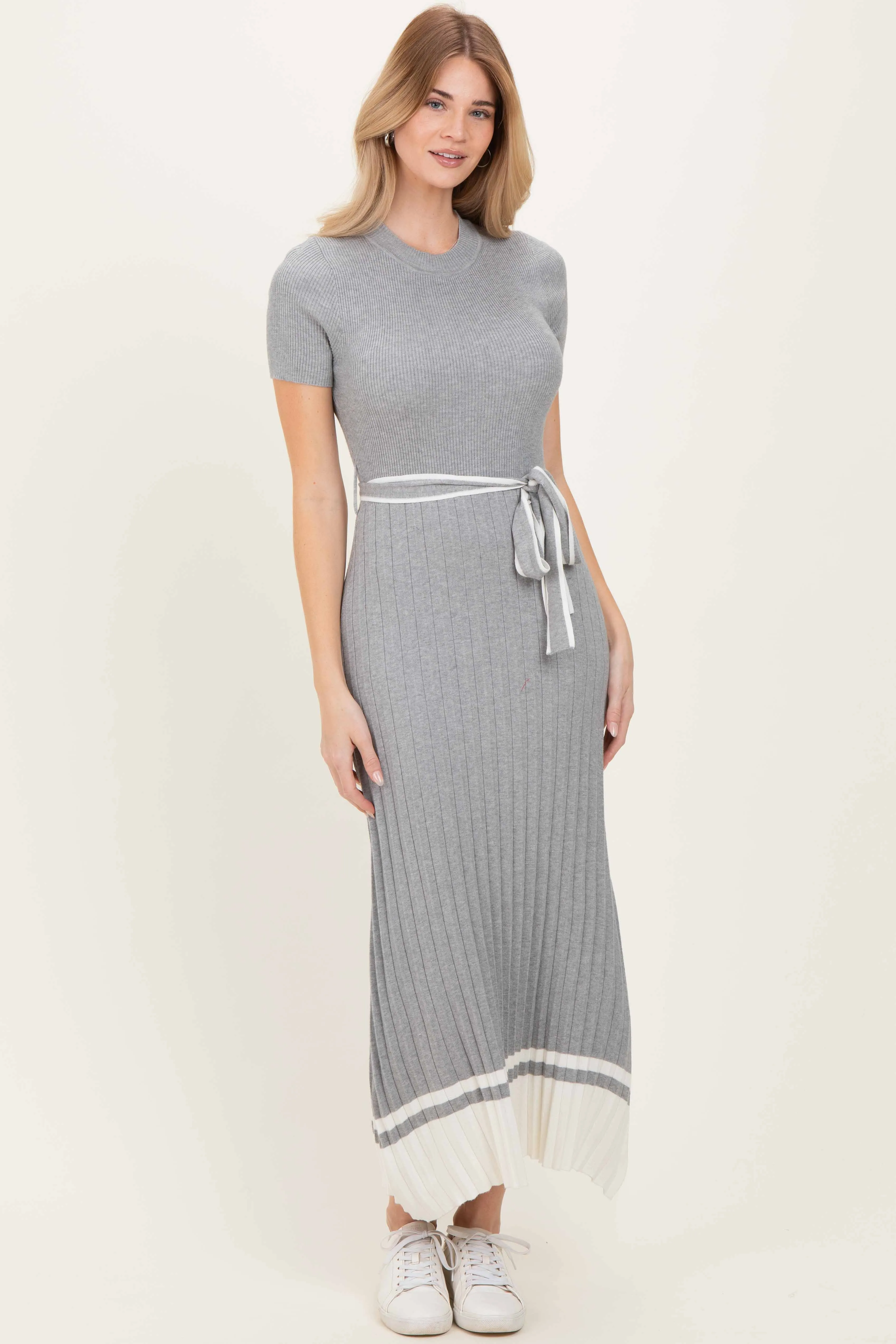 Heather Grey Knit Pleated Sash Tie Midi Dress sold by Pinkblush product image thumbnail 2