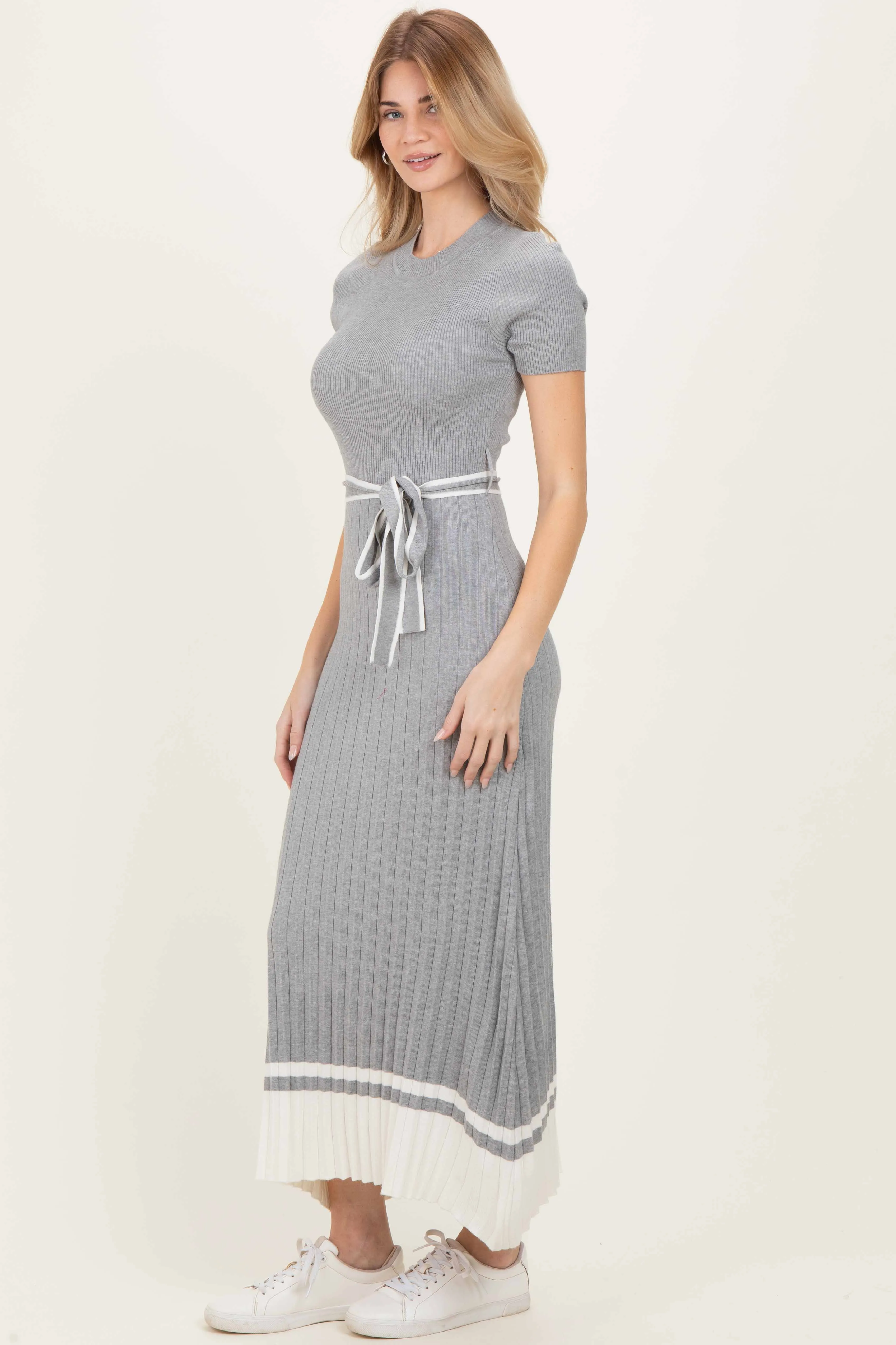 Heather Grey Knit Pleated Sash Tie Midi Dress sold by Pinkblush product image thumbnail 3