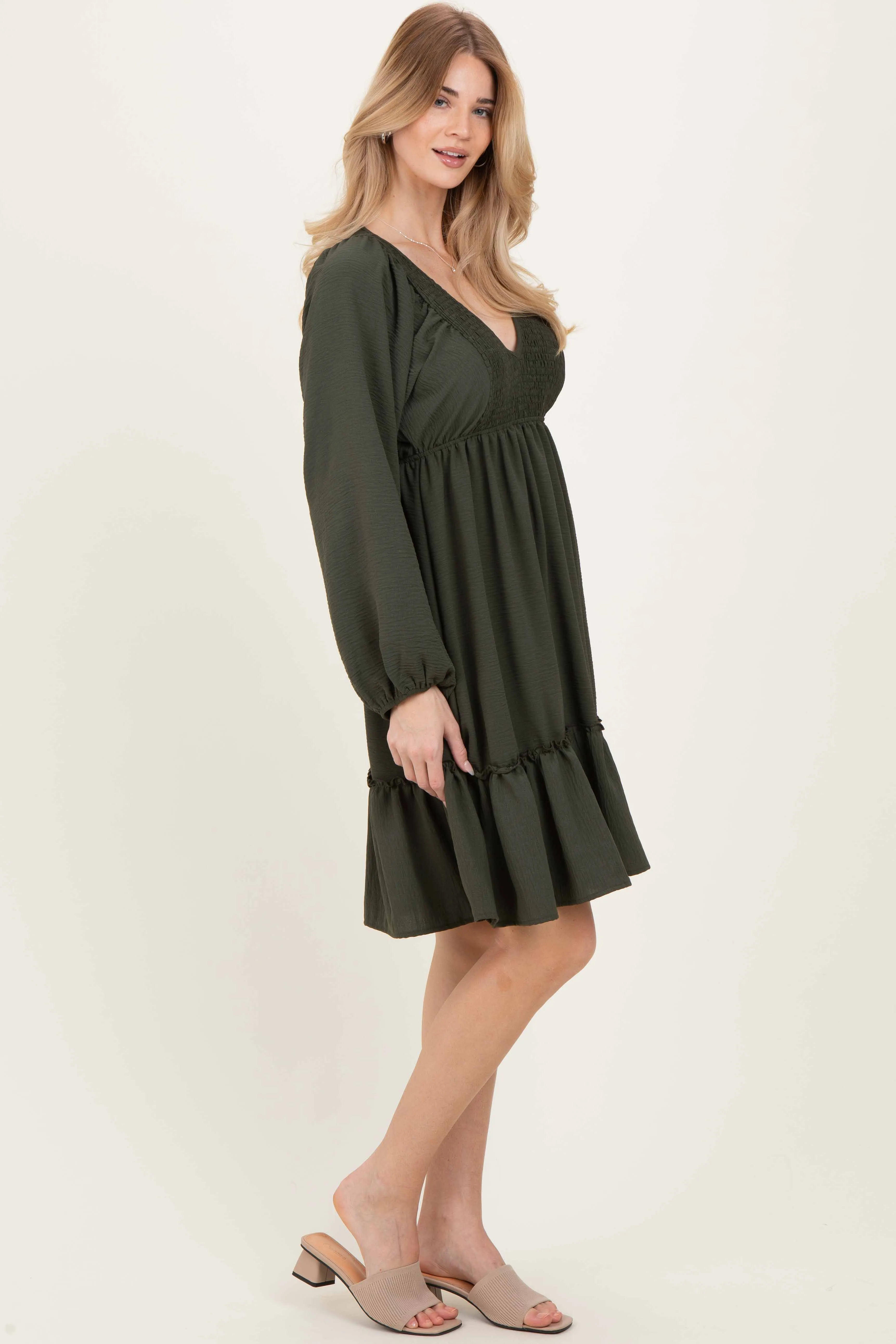 Olive Long Sleeve V-Neck Tiered Midi Dress sold by Pinkblush product image thumbnail 3