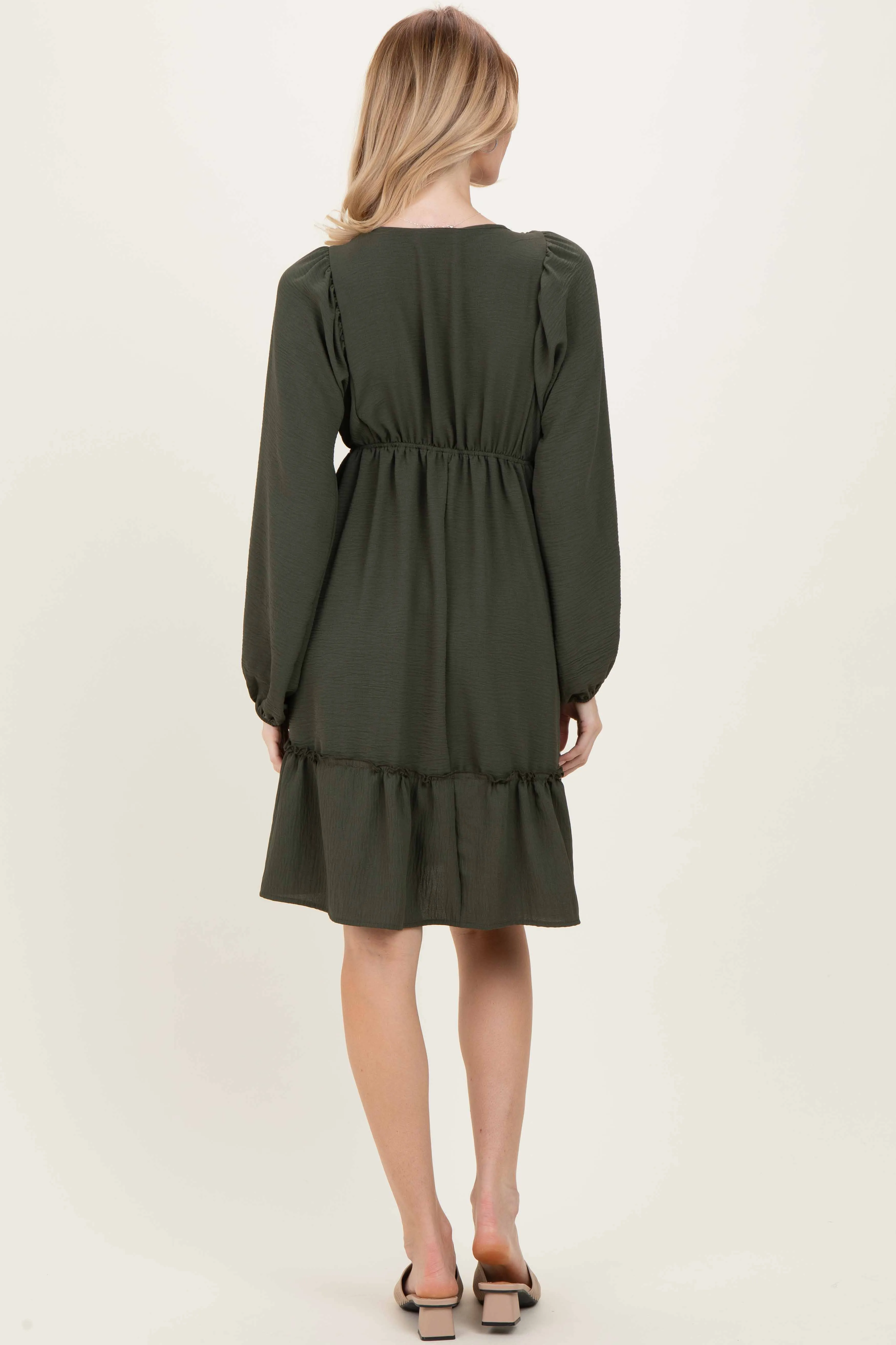 Olive Long Sleeve V-Neck Tiered Midi Dress sold by Pinkblush product image thumbnail 4