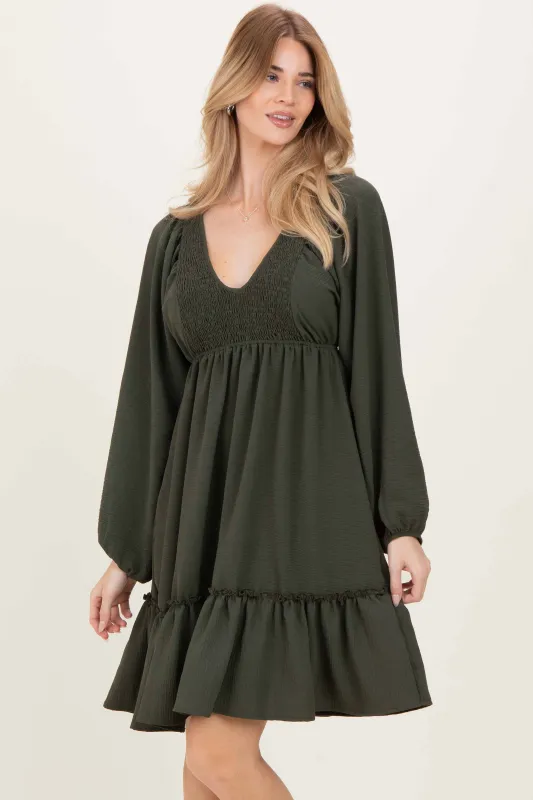 Olive Long Sleeve V-Neck Tiered Midi Dress sold by Pinkblush