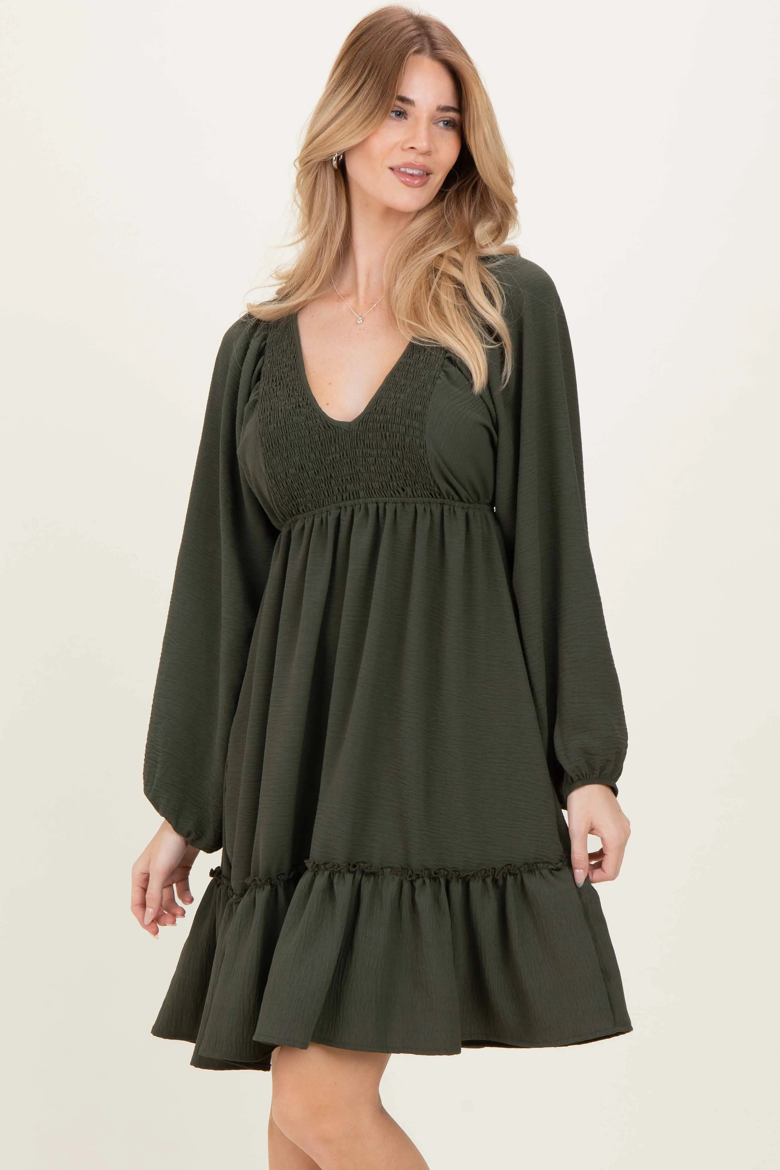 Olive Long Sleeve V-Neck Tiered Midi Dress sold by Pinkblush
