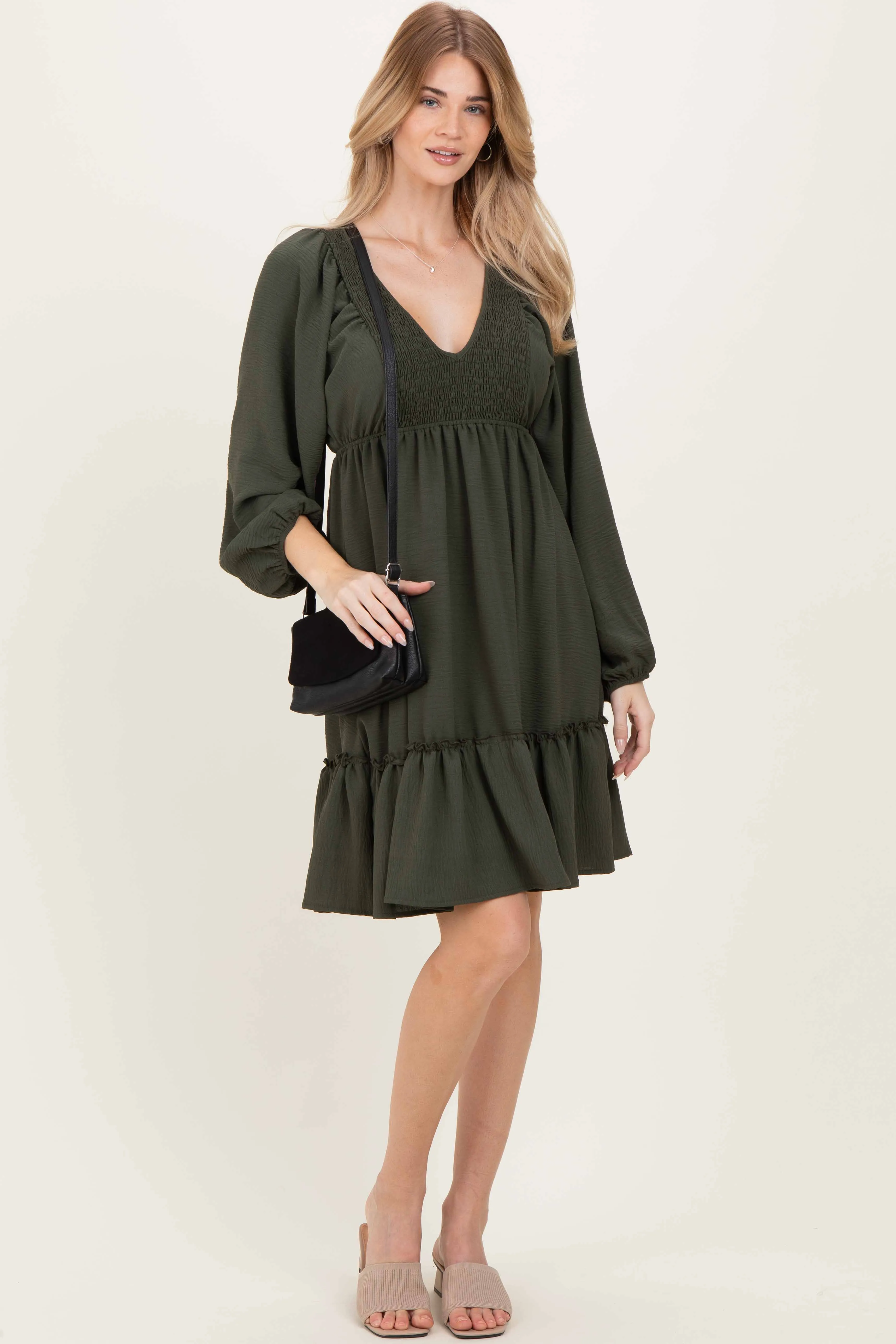Olive Long Sleeve V-Neck Tiered Midi Dress sold by Pinkblush product image thumbnail 2