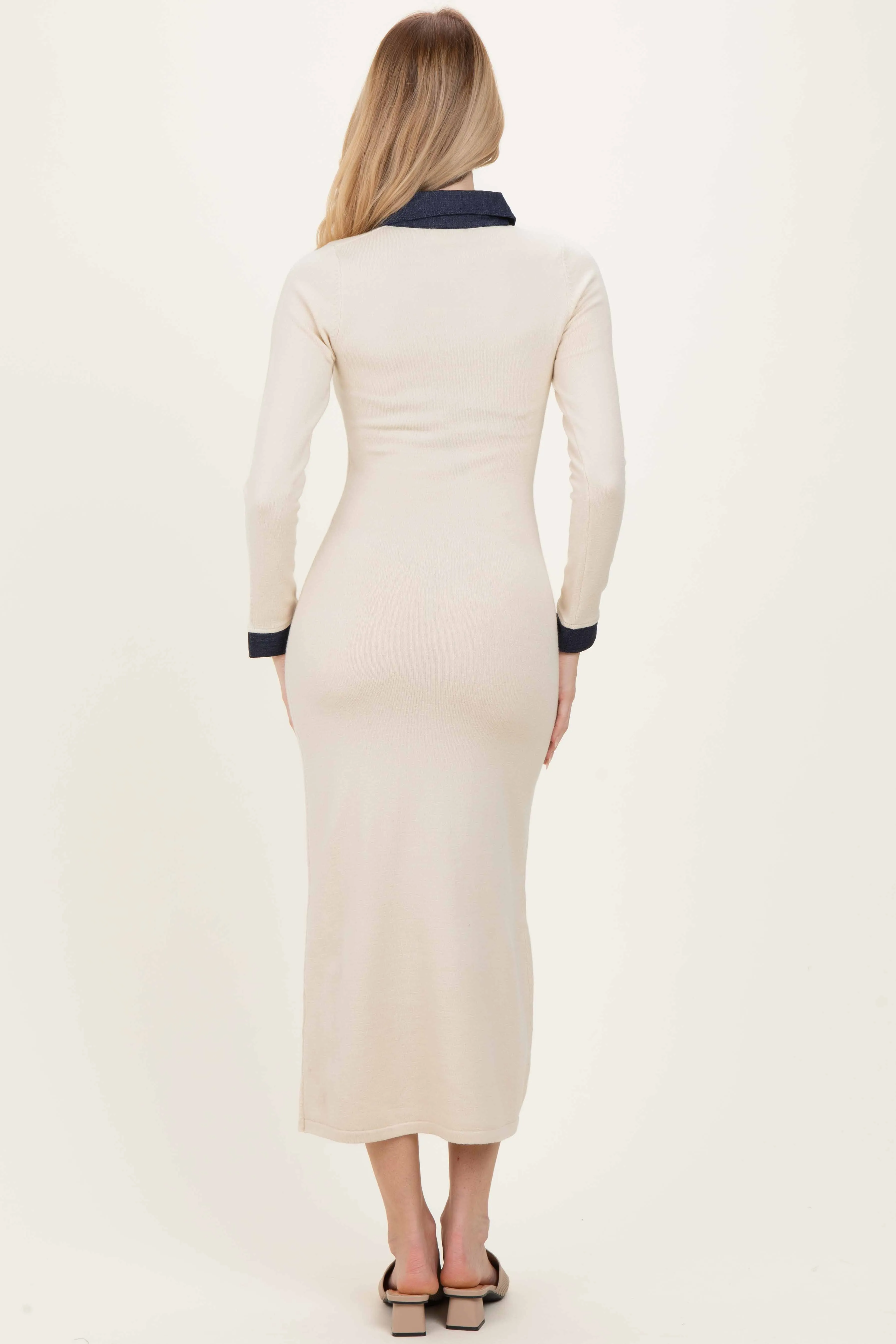 Cream Denim Trim Knit Dress sold by Pinkblush product image thumbnail 4