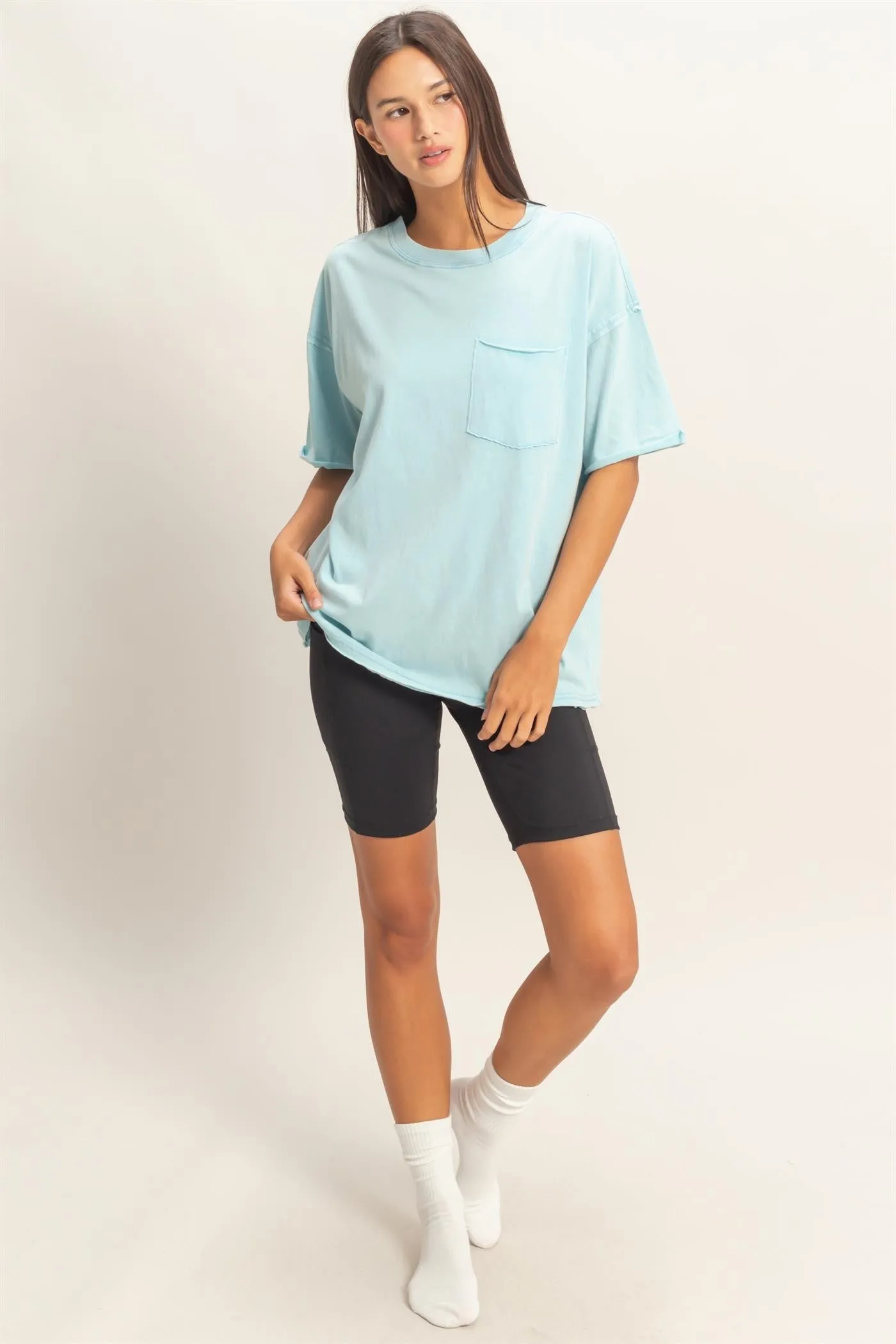 Light Blue Vintage Wash Raw Edge Pocket T-Shirt sold by Pinkblush product image thumbnail 4