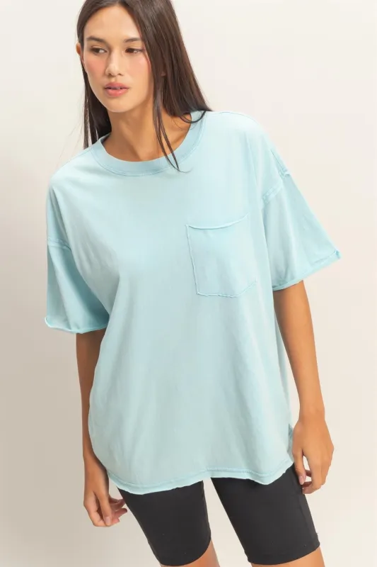 Light Blue Vintage Wash Raw Edge Pocket T-Shirt made by Pinkblush