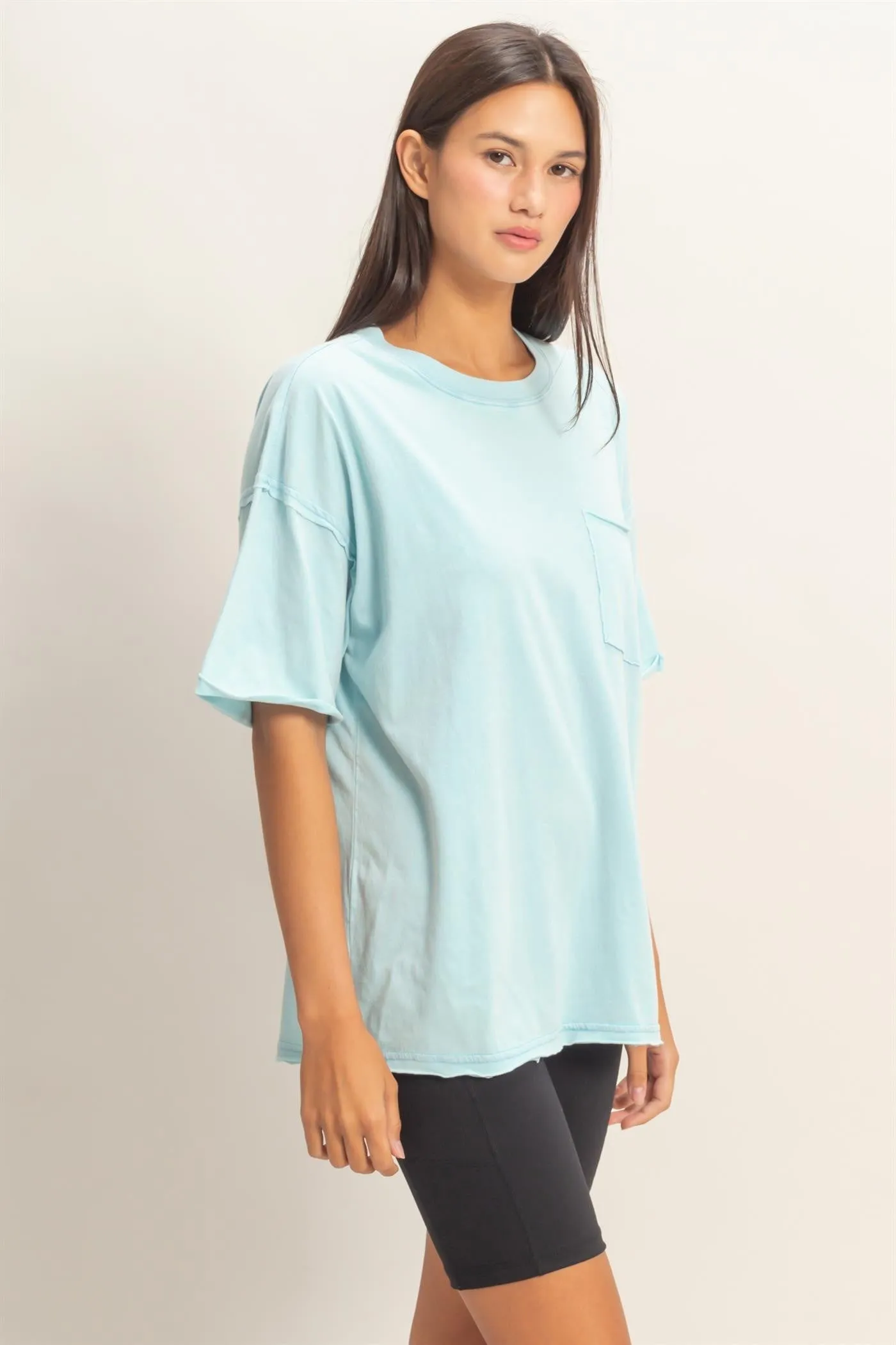Light Blue Vintage Wash Raw Edge Pocket T-Shirt sold by Pinkblush product image thumbnail 2