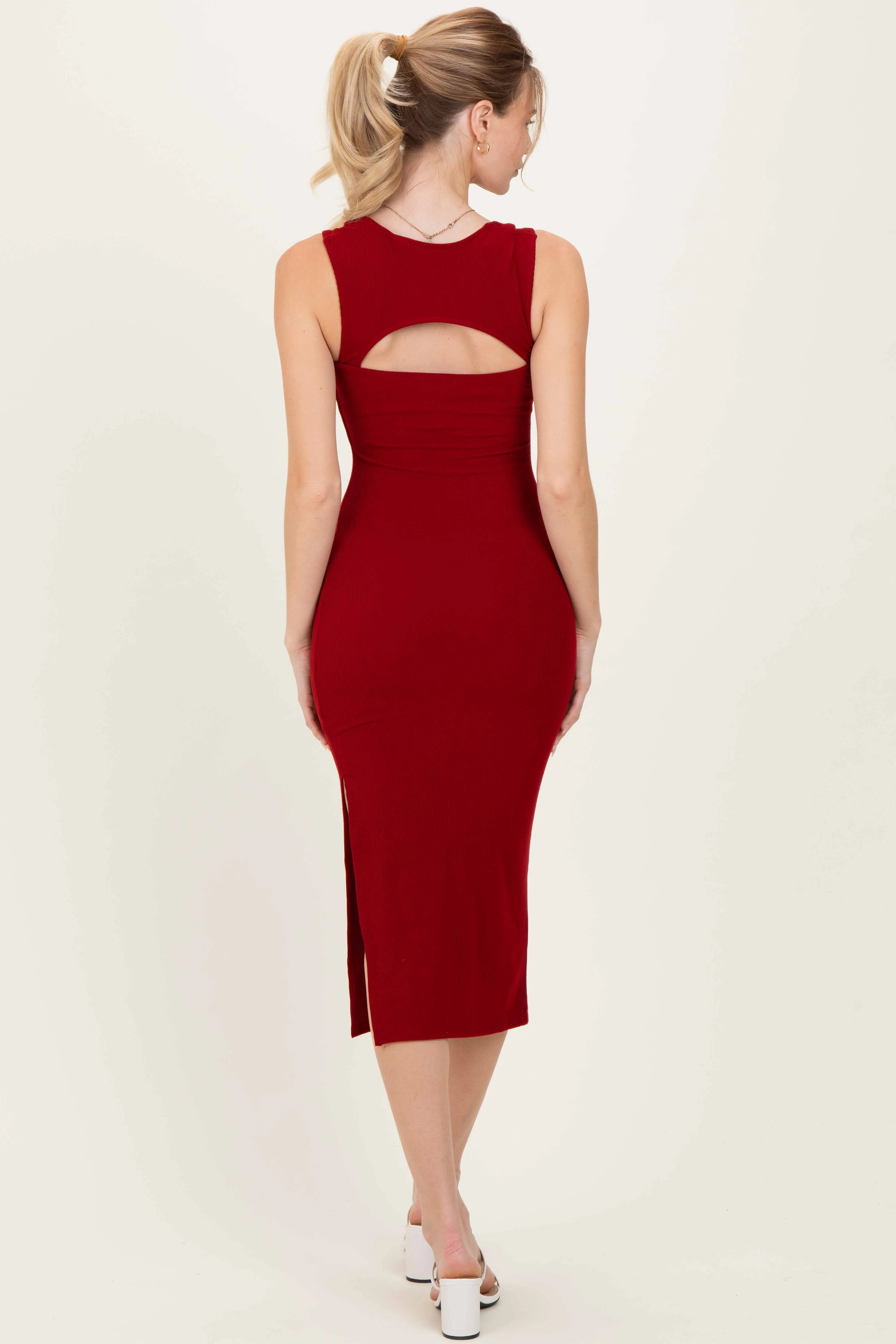 Burgundy Cutout Fitted Midi Dress sold by Pinkblush product image thumbnail 4