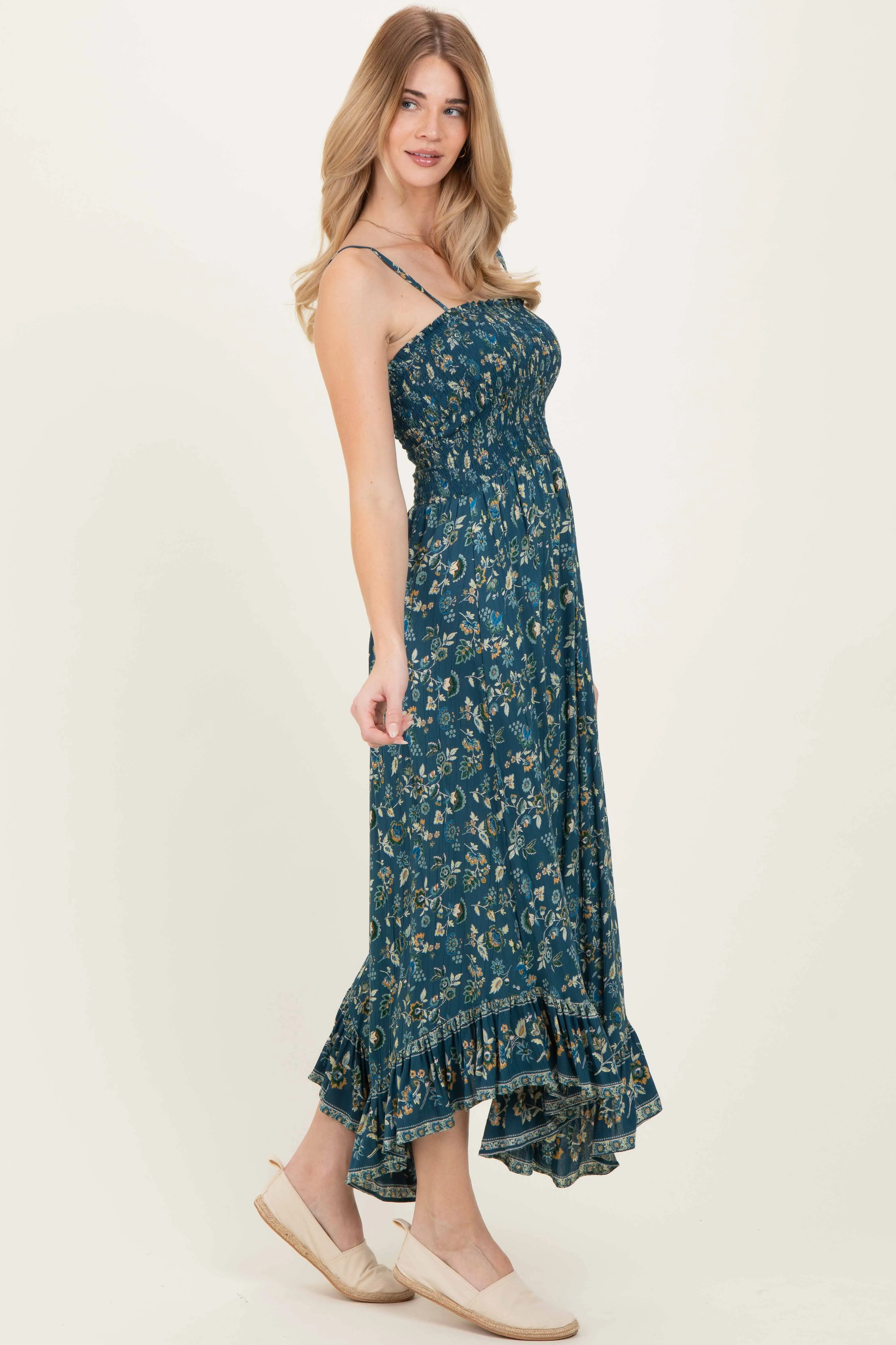 Deep Teal Floral Smocked Handkerchief Hem Dress sold by Pinkblush product image thumbnail 3