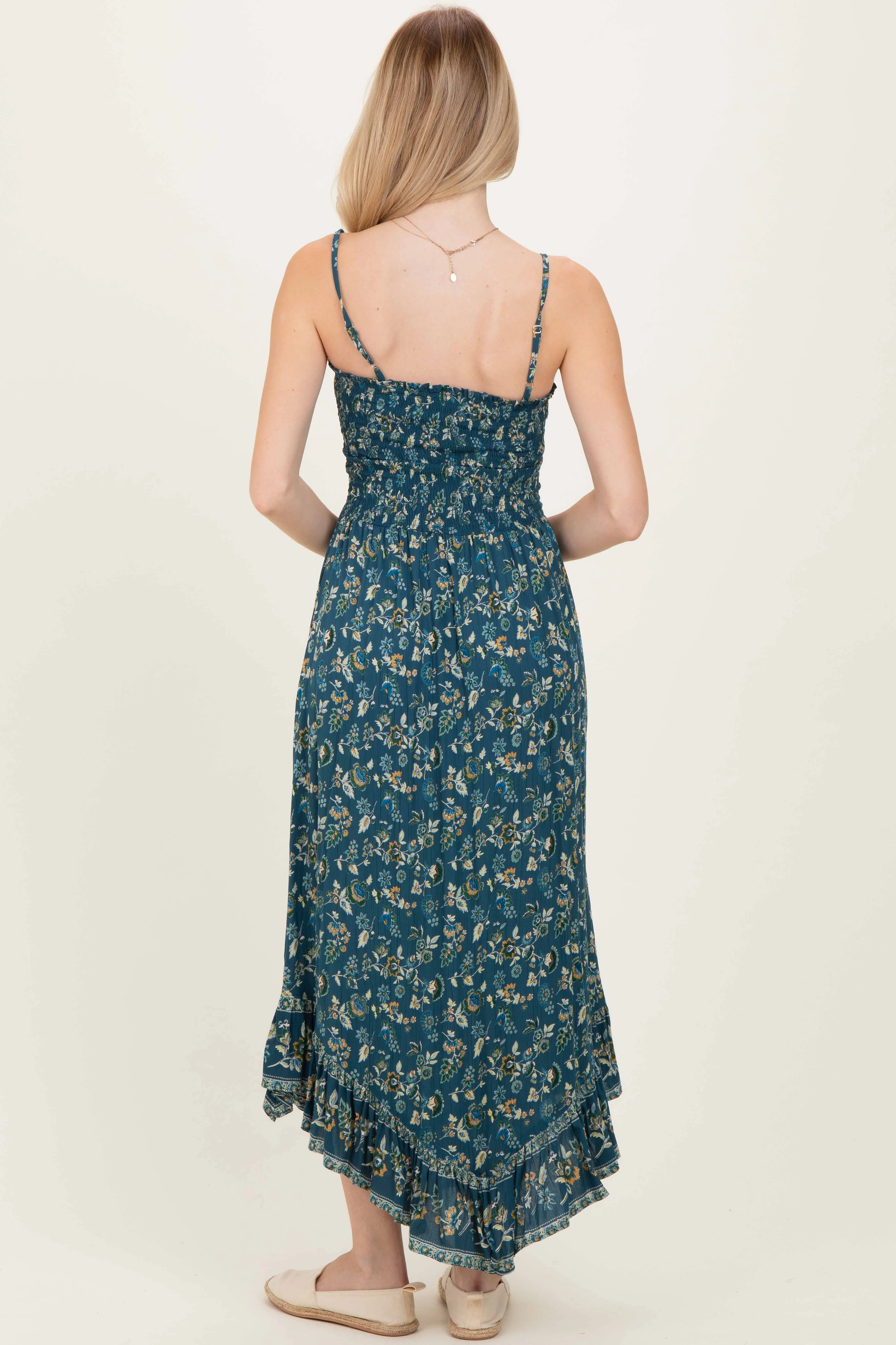 Deep Teal Floral Smocked Handkerchief Hem Dress sold by Pinkblush product image thumbnail 4