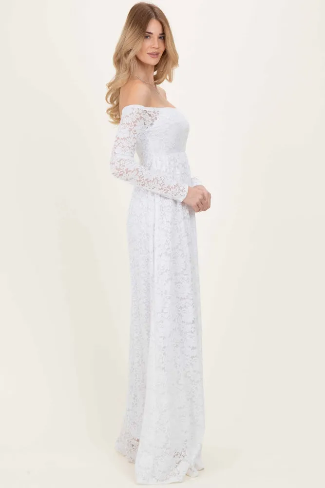 White Floral Lace Long Sleeve Off Shoulder Maxi Dress sold by Pinkblush product image thumbnail 3