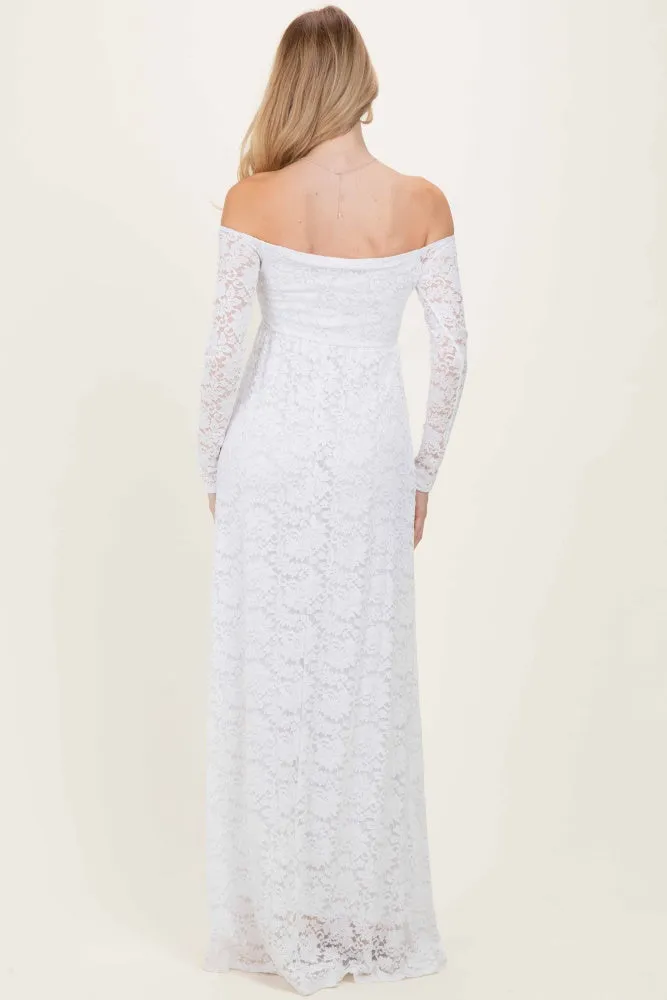 White Floral Lace Long Sleeve Off Shoulder Maxi Dress sold by Pinkblush product image thumbnail 4