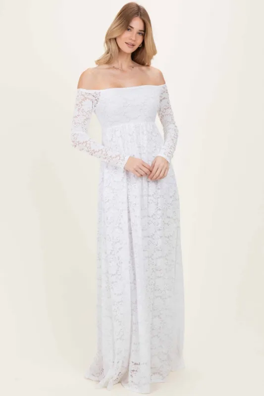White Floral Lace Long Sleeve Off Shoulder Maxi Dress sold by Pinkblush