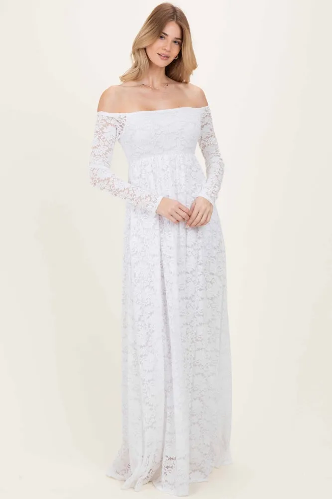 White Floral Lace Long Sleeve Off Shoulder Maxi Dress sold by Pinkblush