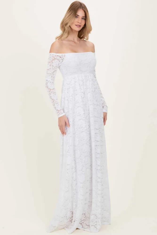 White Floral Lace Long Sleeve Off Shoulder Maxi Dress sold by Pinkblush product image thumbnail 2