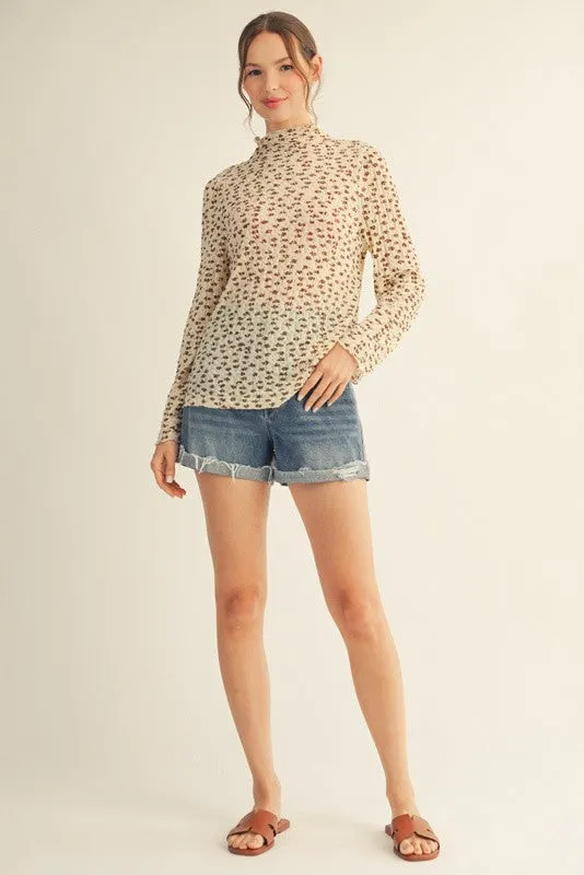 Cream Floral Sheer Mock Neck Fitted Top sold by Pinkblush product image thumbnail 3