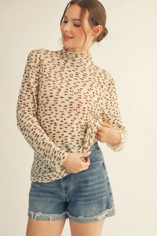 Cream Floral Sheer Mock Neck Fitted Top sold by Pinkblush