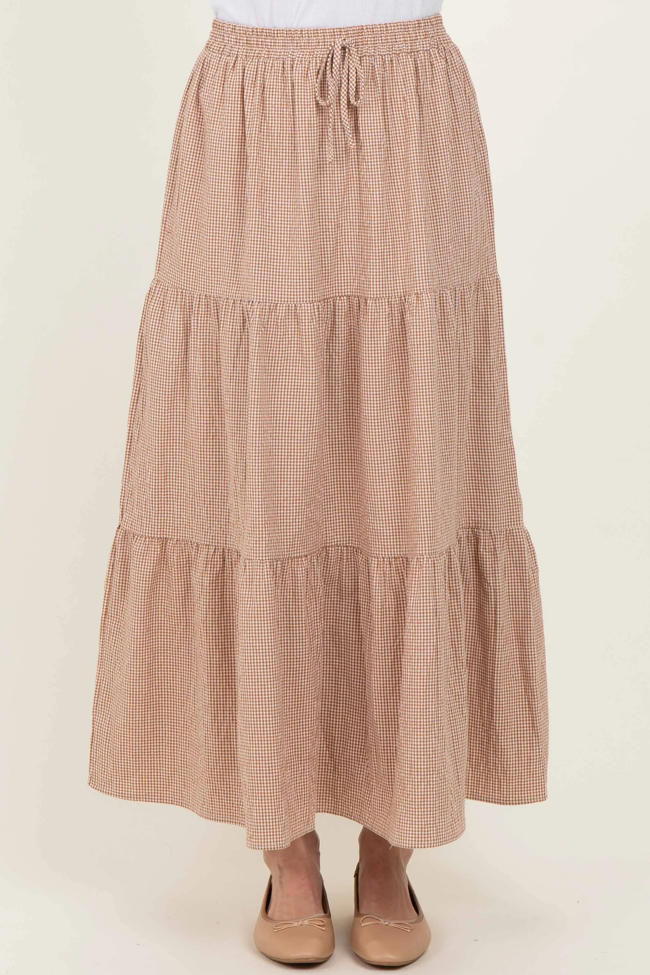 Taupe Gingham Tiered Maxi Skirt sold by Pinkblush product image thumbnail 2