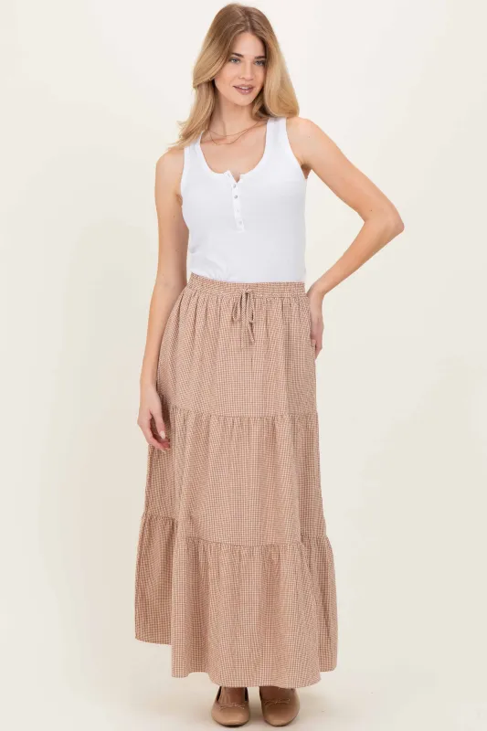Taupe Gingham Tiered Maxi Skirt made by Pinkblush