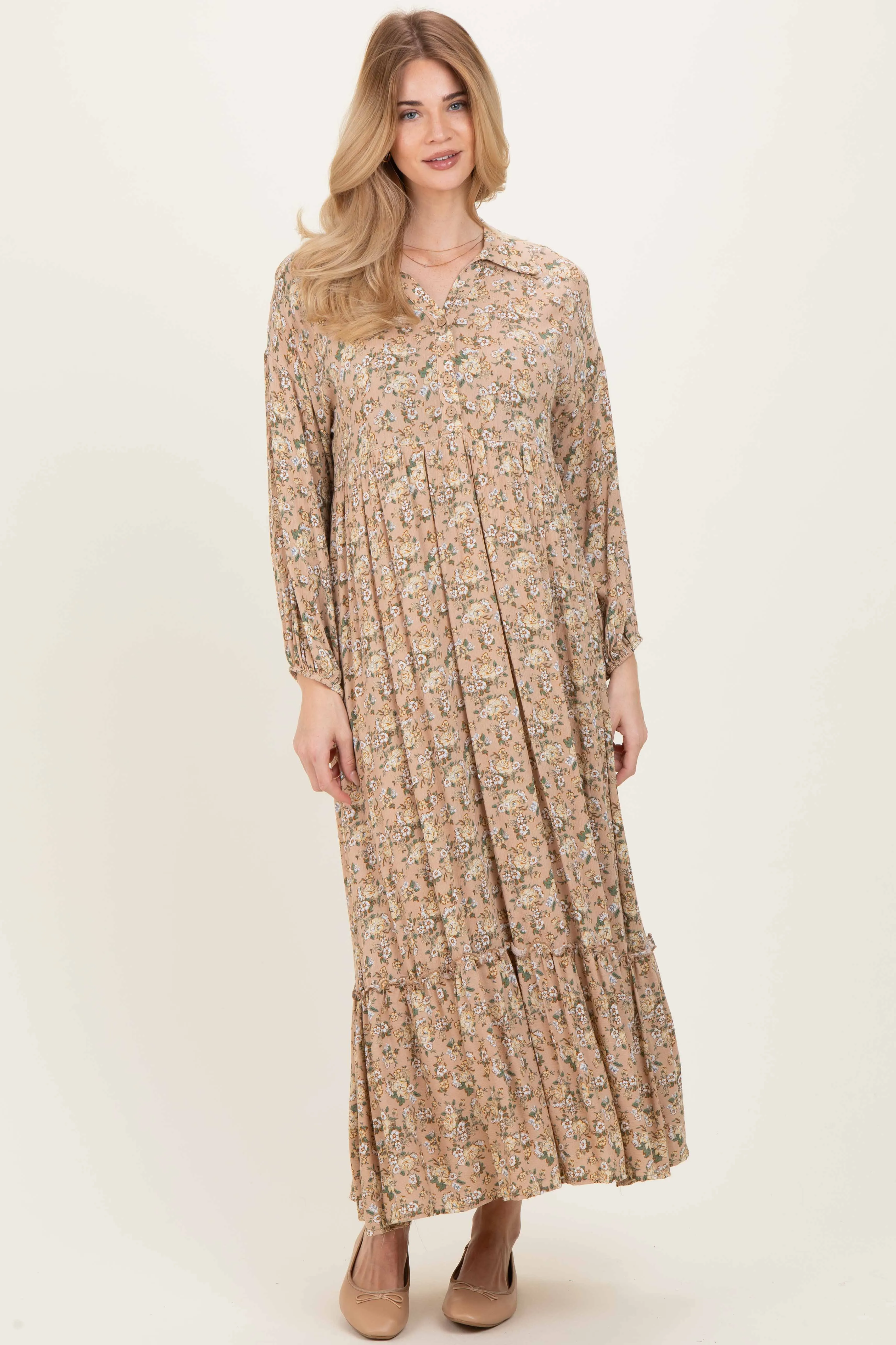Mustard Floral Long Sleeve Button Down Collared Maxi Dress sold by Pinkblush