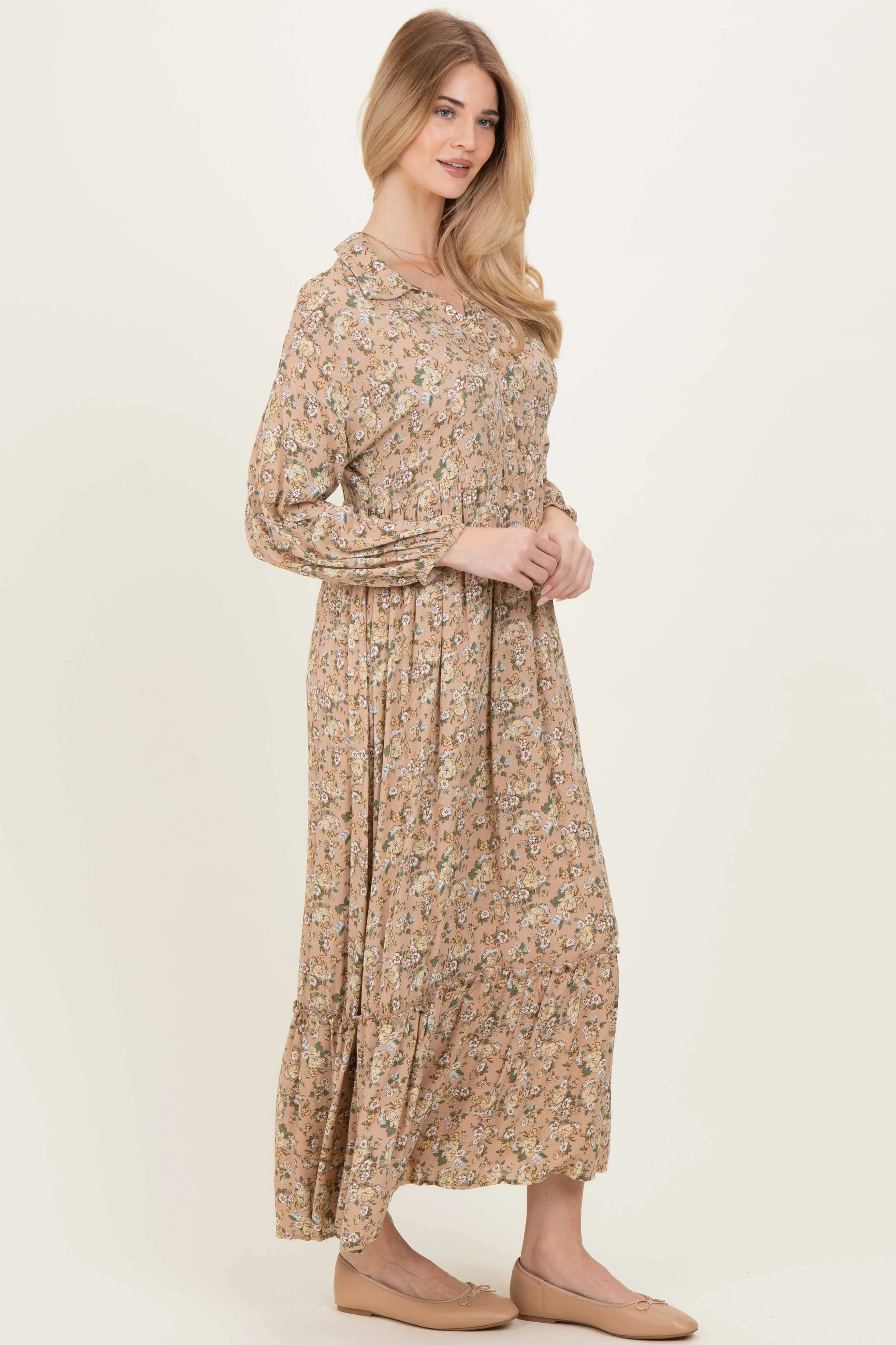 Mustard Floral Long Sleeve Button Down Collared Maxi Dress sold by Pinkblush product image thumbnail 2