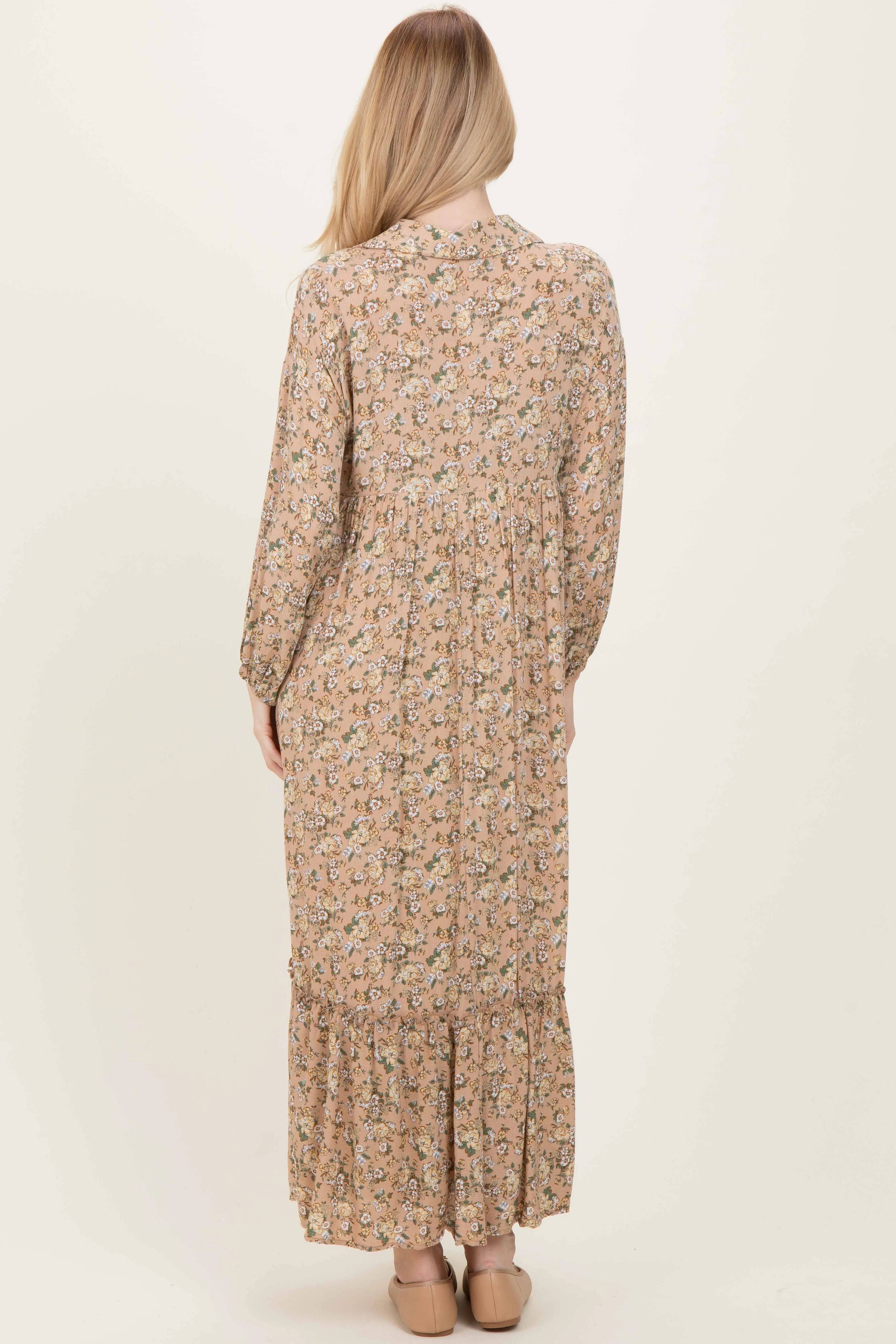 Mustard Floral Long Sleeve Button Down Collared Maxi Dress sold by Pinkblush product image thumbnail 3