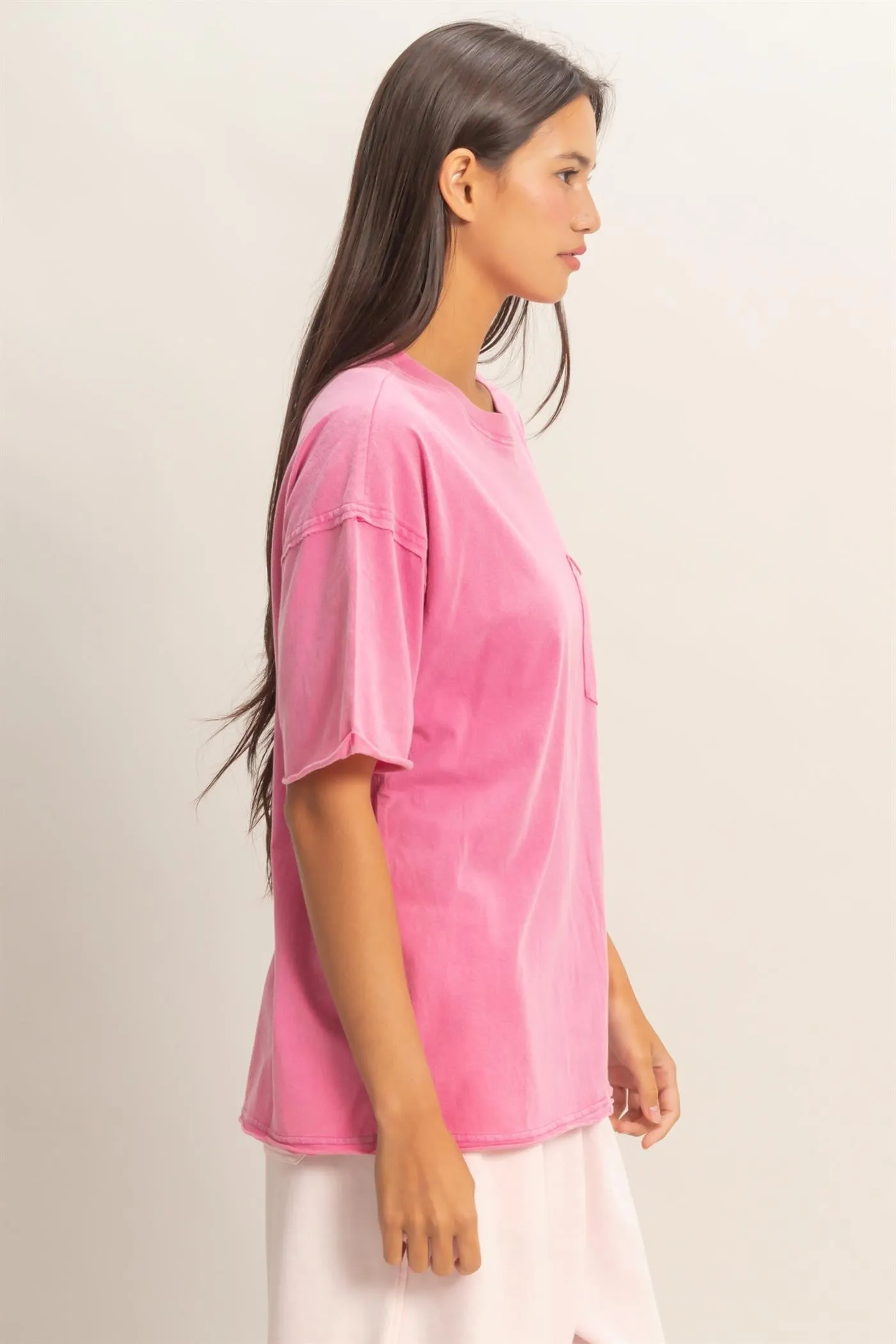 Fuchsia Vintage Wash Raw Edge Pocket T-Shirt sold by Pinkblush product image thumbnail 2