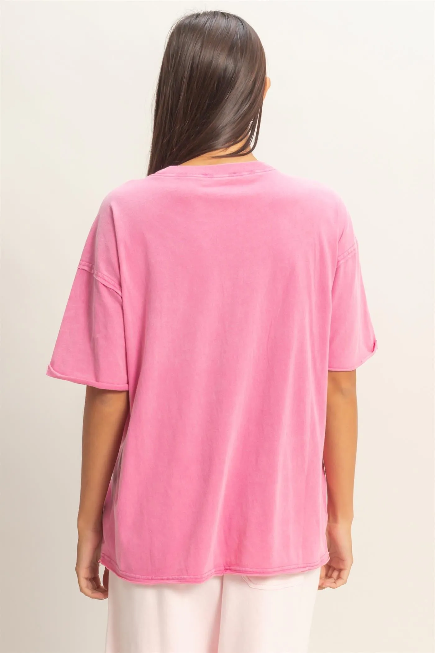 Fuchsia Vintage Wash Raw Edge Pocket T-Shirt sold by Pinkblush product image thumbnail 3
