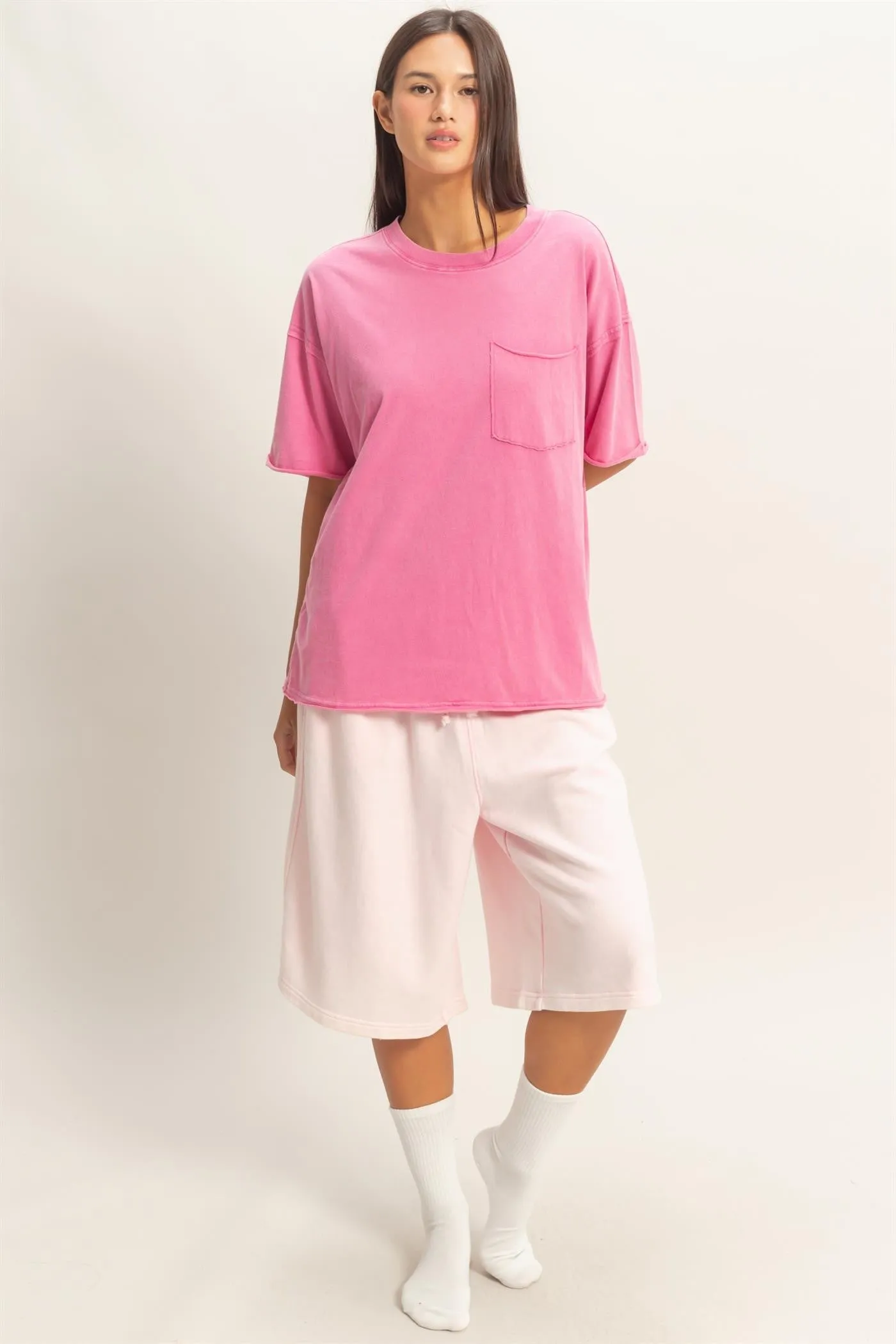 Fuchsia Vintage Wash Raw Edge Pocket T-Shirt sold by Pinkblush product image thumbnail 4