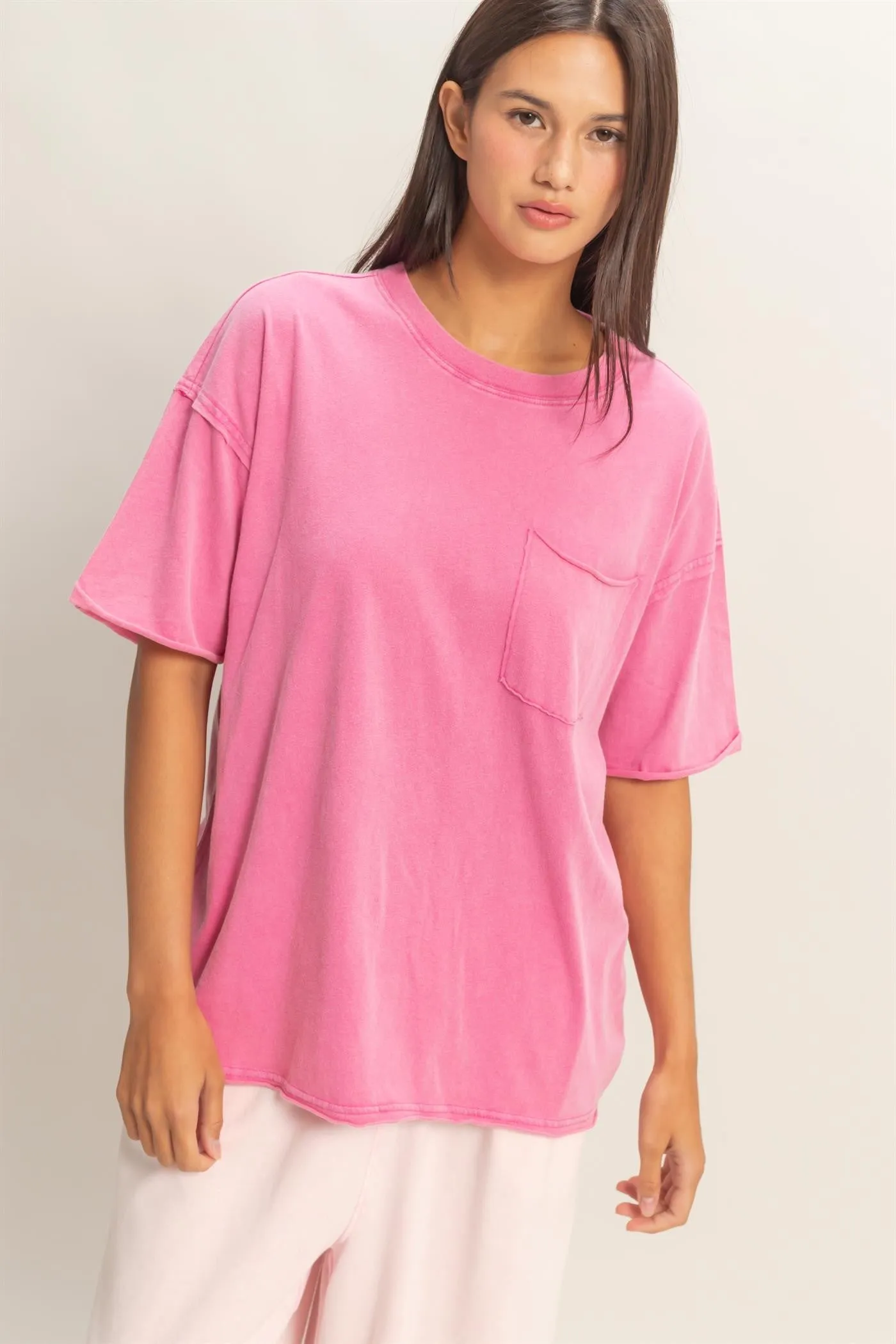 Fuchsia Vintage Wash Raw Edge Pocket T-Shirt sold by Pinkblush