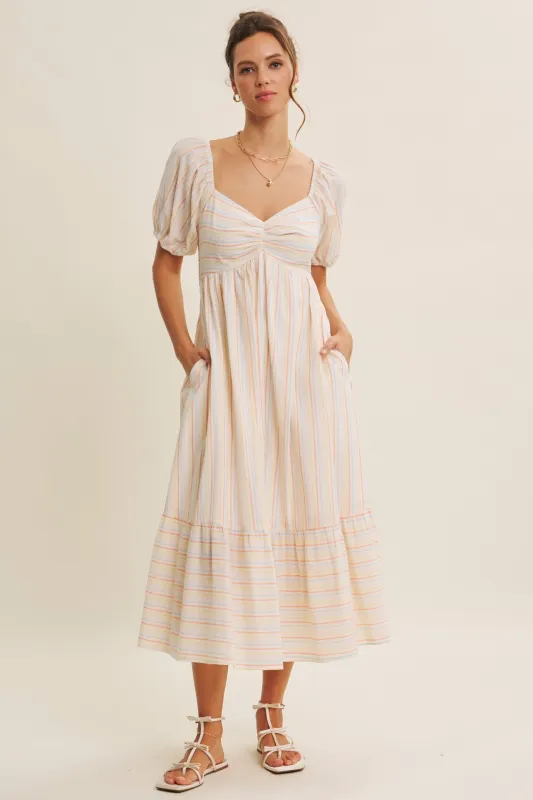 Orange Stripe Sweetheart Neckline Midi Dress sold by Pinkblush