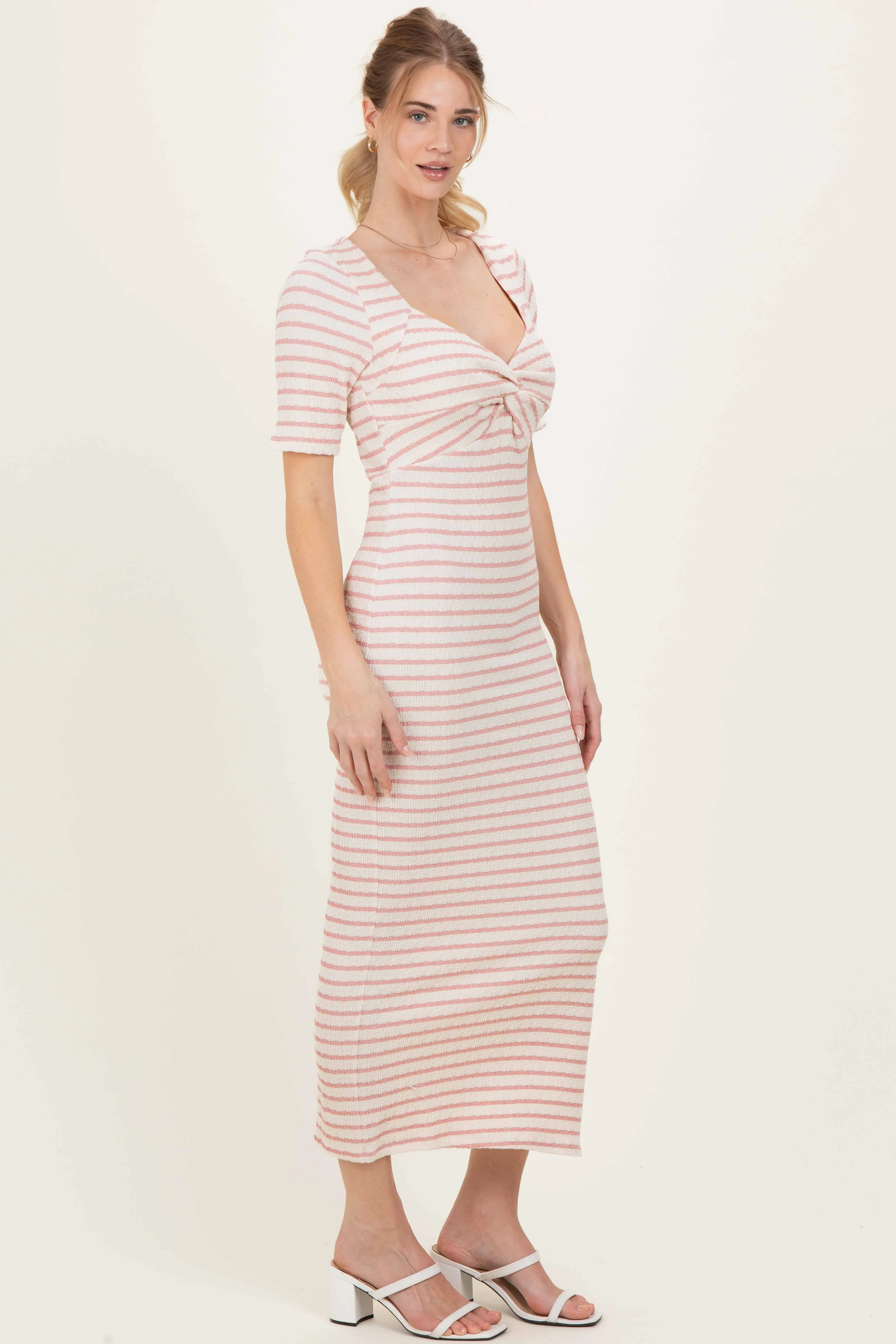 Cream/ Pink Striped Knit Short Sleeve Maxi Dress sold by Pinkblush product image thumbnail 3